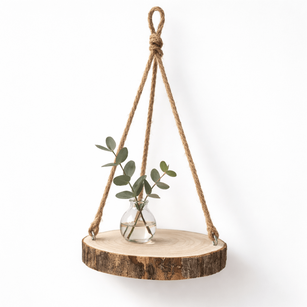 Image of Hanging Wooden Tray Ø 25 Cm – Handcrafted Natural Wood Hanging Shelf With Jute Rope – Decorative Wall Shelf For Plants & Home Accessories