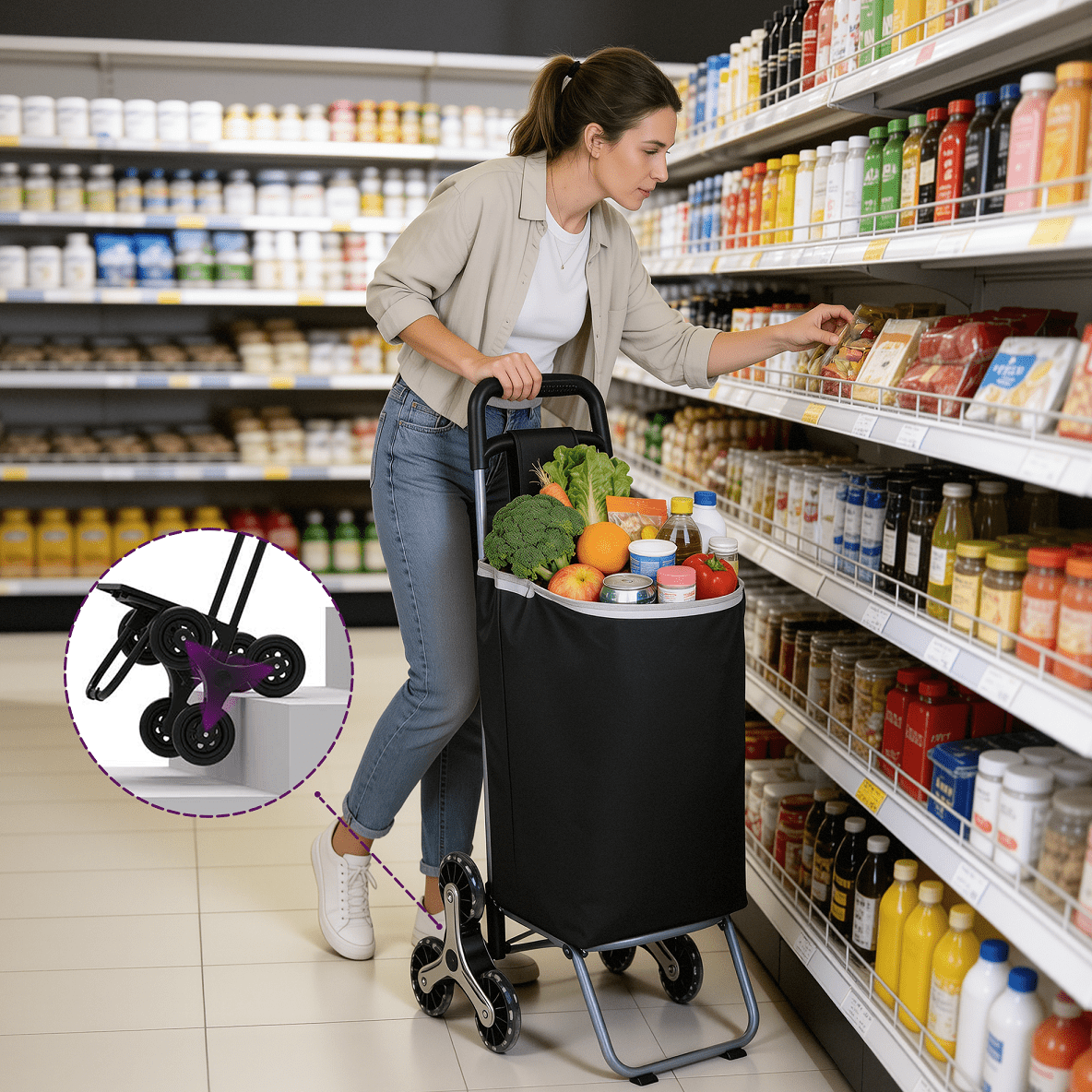 TEMU Foldable Aluminum Shopping Cart, Collapsible Shopping Trolley With Oxford Fabric Bag, Removable Shopping Bag With Wheels, 6-wheel Shopping Cart