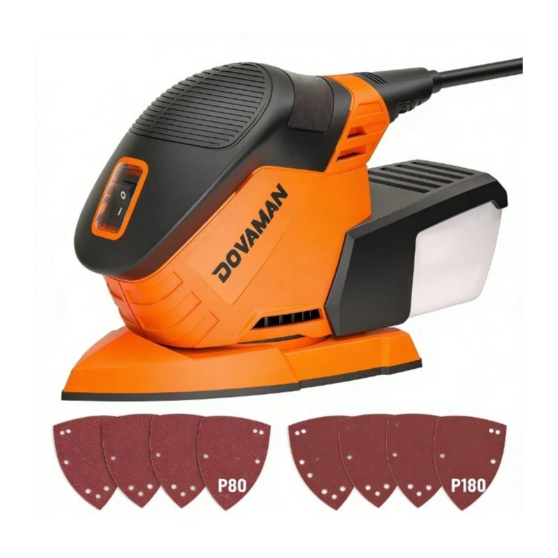TEMU DOVAMAN Ponçeuse à souris compacte 130W avec aspiration de poussière efficace, 8 feuilles de papier abrasif, 12 000 tr/min pour bois, métal et