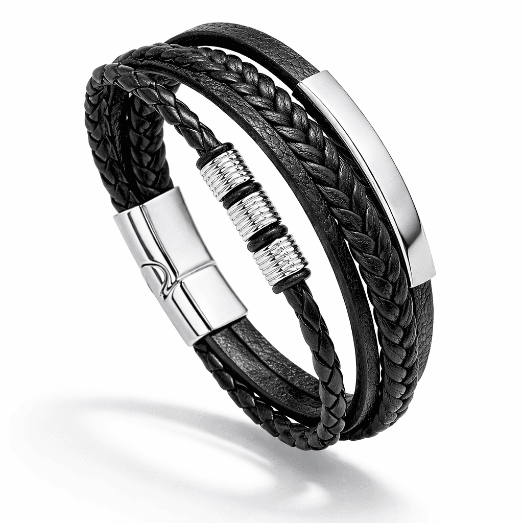E-shop Herren Armband Veganes Leder Mehrreihig Edelstahl Verschluss Geflochtenes Lederarmband Schwarz Herren Schmuck