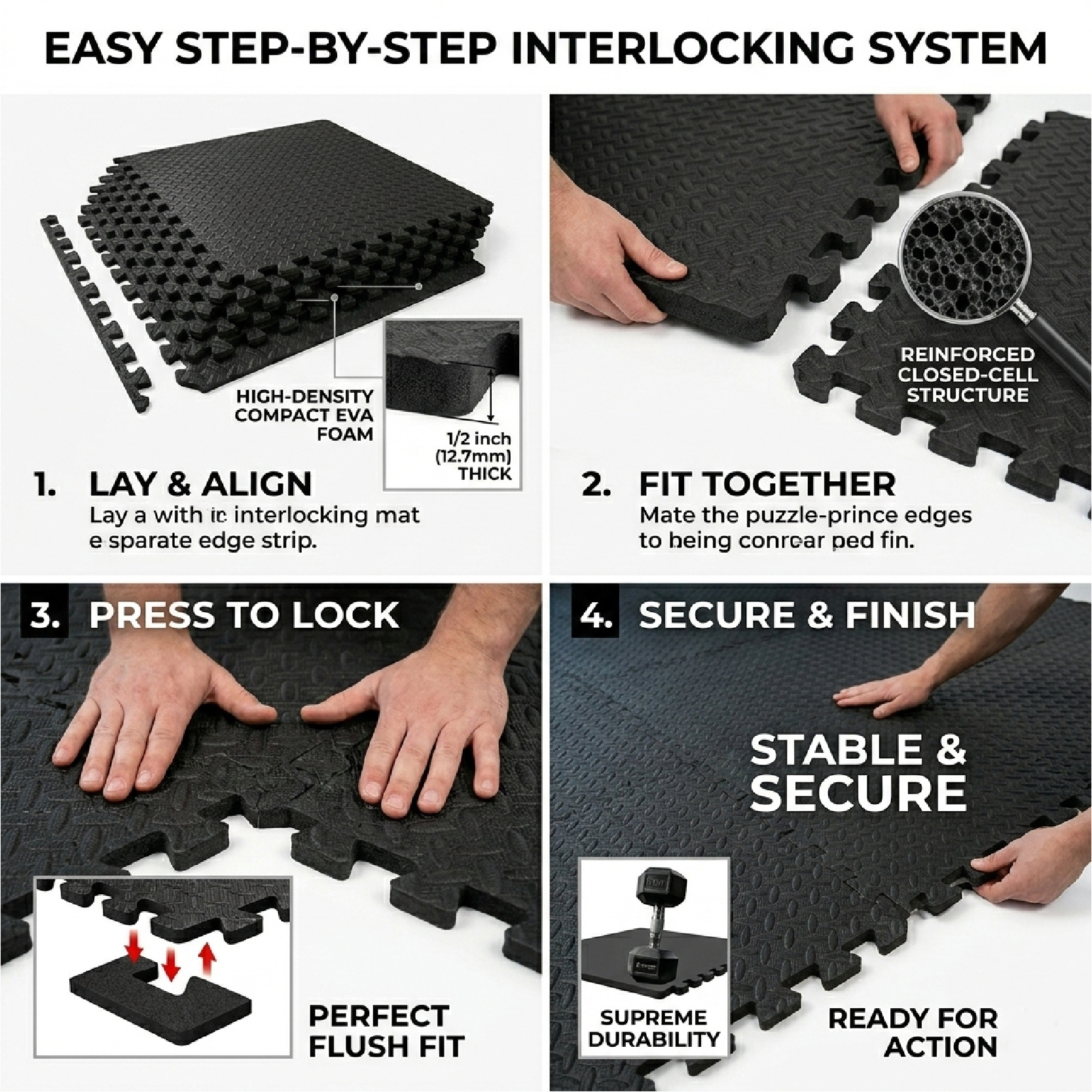 4 EVA Floor Tiles with 30KG Adjustable Dumbbell Set, Home Gym Workout Equipment