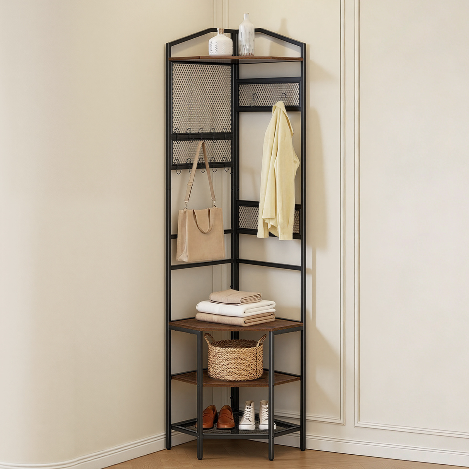 Image of Vevor Corner Hall Tree, 71.3 In Coat Rack With Hooks, Top Shelf & , Freestanding Clothes Shoes Rack Storage Organizer With Anti-tip Set, Adjustable Non-slip Feet For Entrance Closet Office