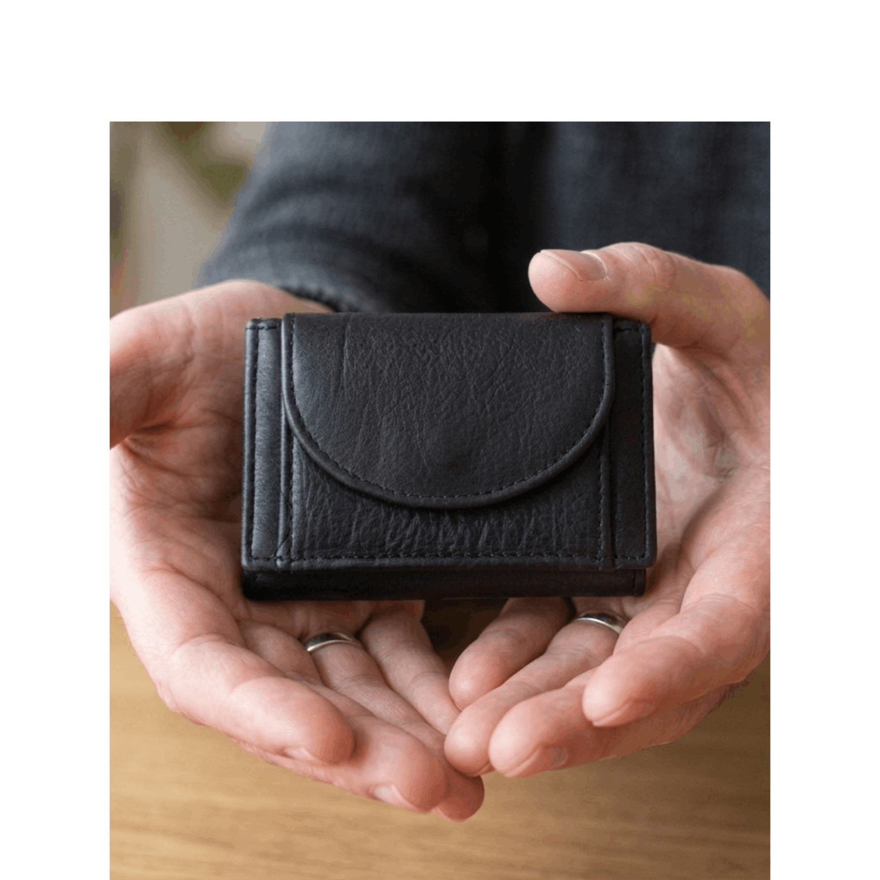 Small Leather Wallet For - Button Snap Black Leather Credit Card Slot Real Leather Purse