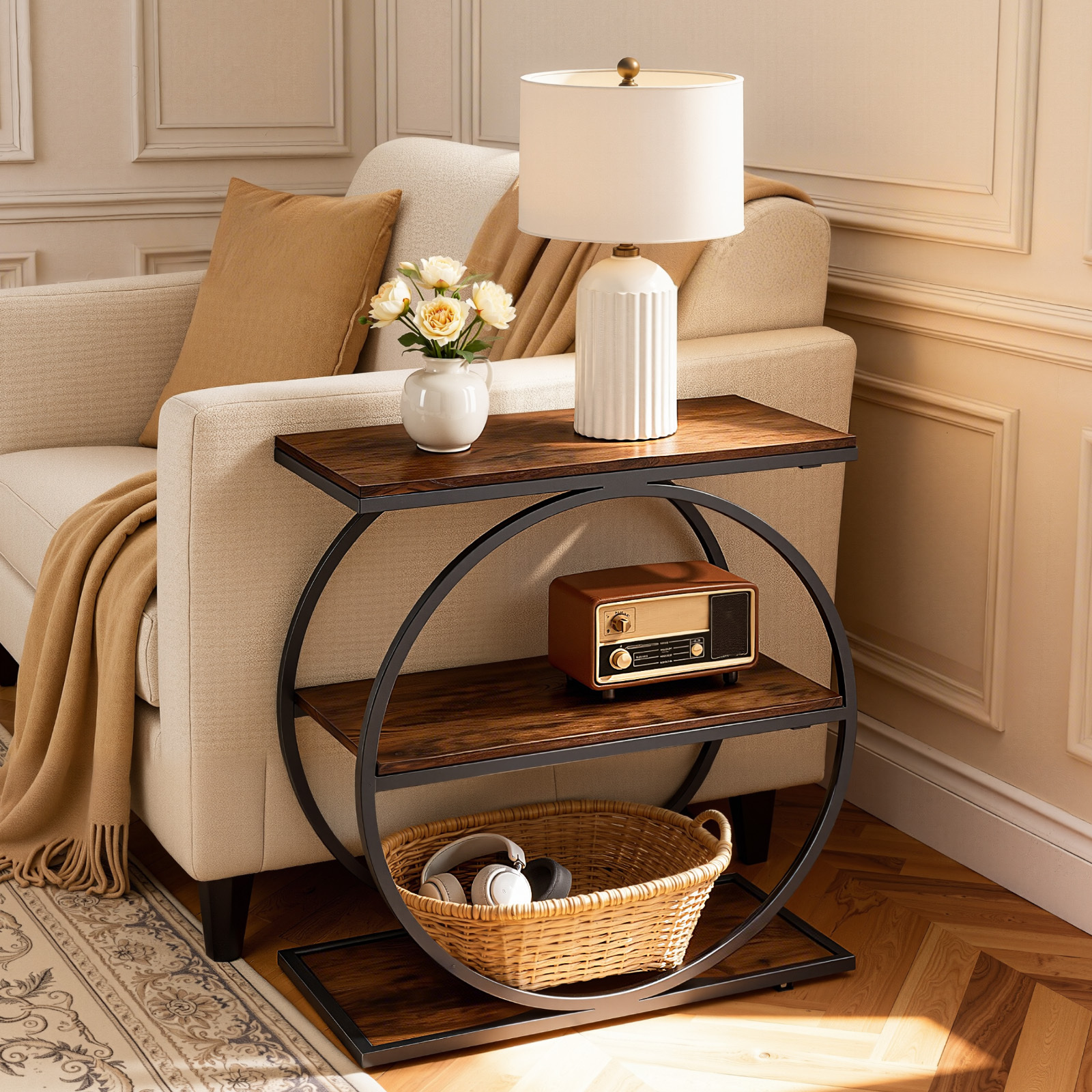 Image of Vevor End Table, 3-tier Narrow Side Table With Open Storage Shelves, Modern Nightstand Bedside Desk With Round Metal Frame, Wood Sofa Coffee Desk For Living Room, Bedroom, Office, Rustic Brown