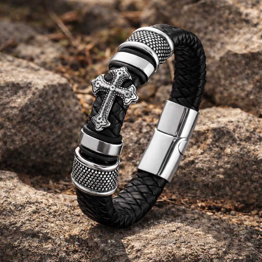 Image of Men's Cross Bracelet – Braided Vegan Leather & Stainless Steel, Magnetic Clasp, Biker Rocker Jewelry Gift For Men