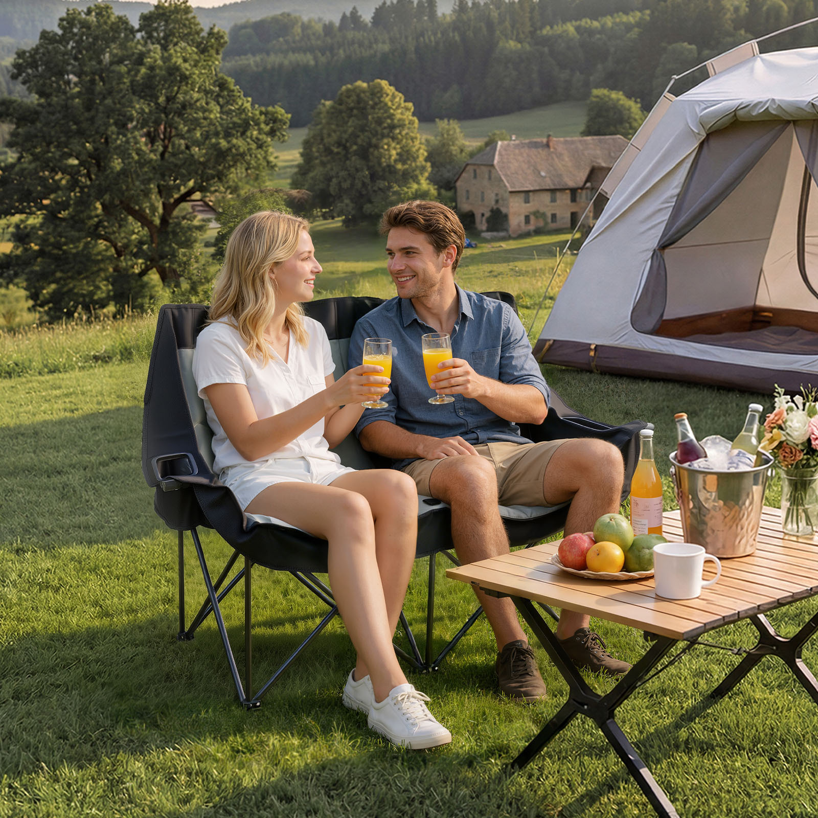 Image of Vevor Double Camping Chair, Oversized 2 Person Camp Chair With 300 Kg Heavy Duty Support, With Dual Cup Holders, Wine Glass Holders, Magazine Straps, Carry Bags For Outdoor, Beach, 1 Pack