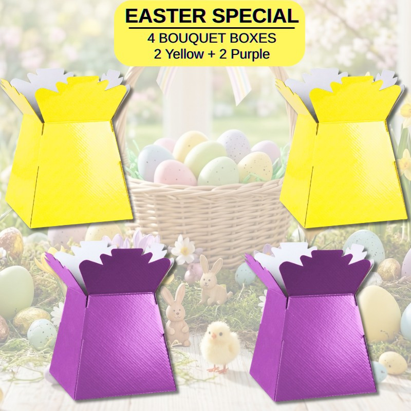 TEMU 4-pack Easter Bouquet Boxes - 2 Yellow & 2 Purple Flower Gift Boxes For Spring Celebrations, 17.5x24cm Cardboard Living Vases For Hunts & Floral