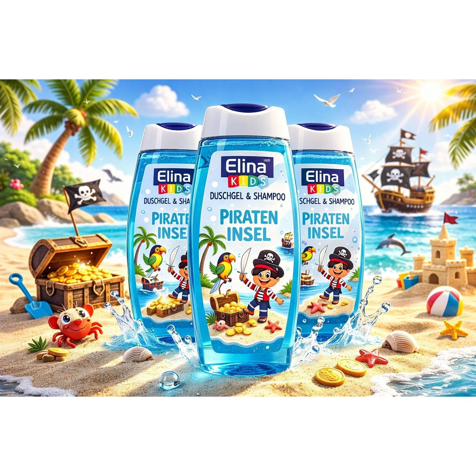 Elina Kids Shower Gel & Shampoo Blue With Bubble Gum Scent, No Pulling, , A Gentle Adventurous Shower Experience