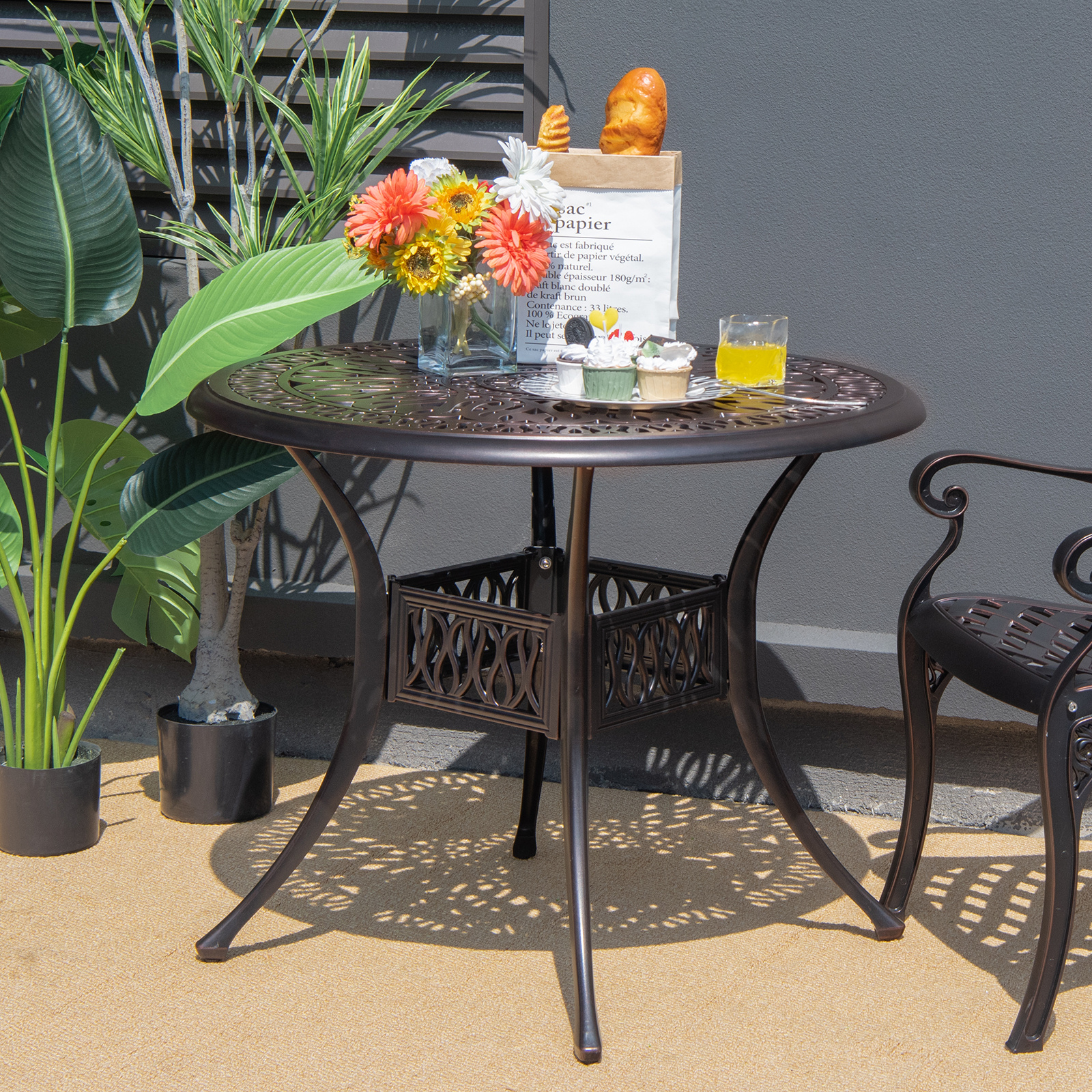 Image of 36" Patio Dinning Table, Outdoor Cast Aluminum Bistro Table With 2" Umbrella Hole, Weather-resistant Round Dining Table With Adjustable Feet For Backyard Lawn Balcony Deck