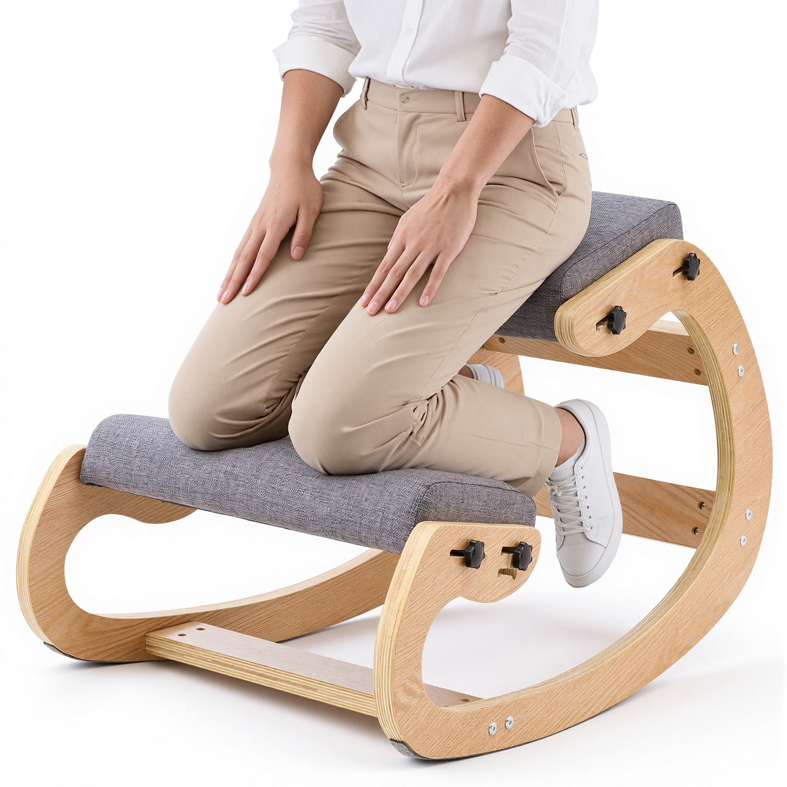 Image of Vevor Ergonomic Kneeling Chair, Wooden Posture Knee Chair With Adjustable Thick Foam Cushions & Solid Wood Frame, Adjustable Height, Relief For Neck Or Back Pain For Home, Office Or Meditation, Gray