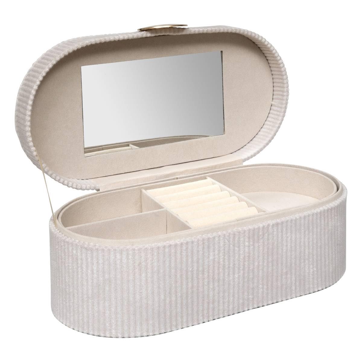Oval Velvet Jewelry Box with Mirror – Compartmentalized Storage Case