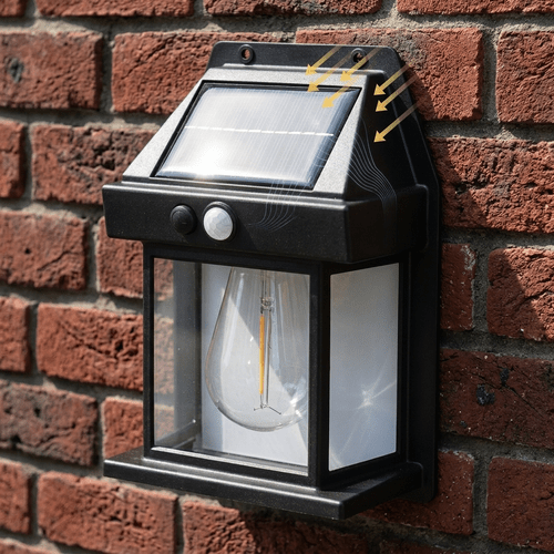 kinkiet solarny led z czujnikiem ruchu i zmierzchu ścienny zewnętrzny 3w 300lm panel solarny 1800mah bateria ciepłe światło 3000k retro żarówka klosz szklany abs czarny ładowanie słońcem 8-12h pracy montaż elewacja ogród furtka drzwi balkon 17x12x6cm 3 tryby auto motion sensor super jasny bezpieczny