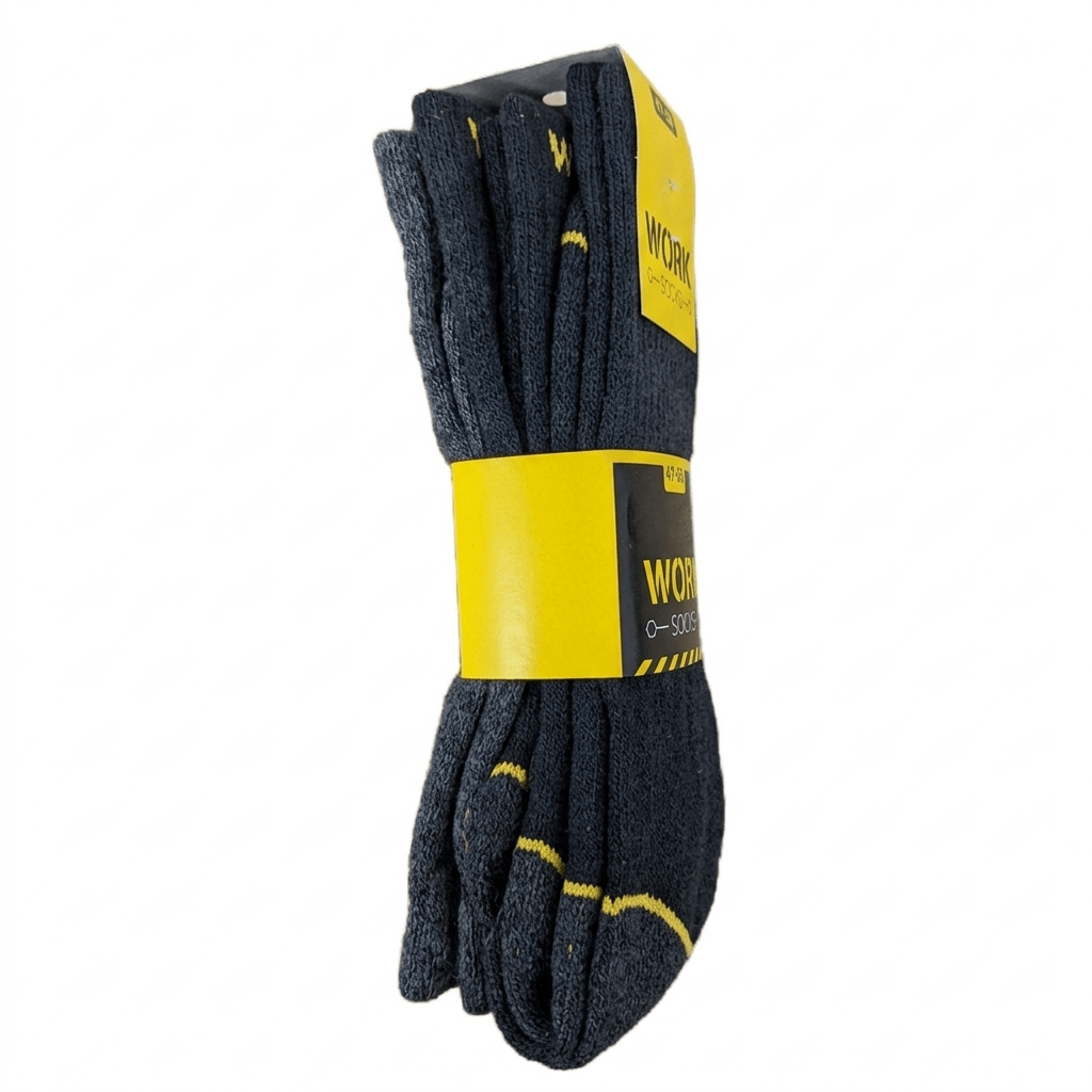 Long Work Socks, Black Cotton Blend, Size 39-42 43-46 47-50, Breathable, 5 Pairs