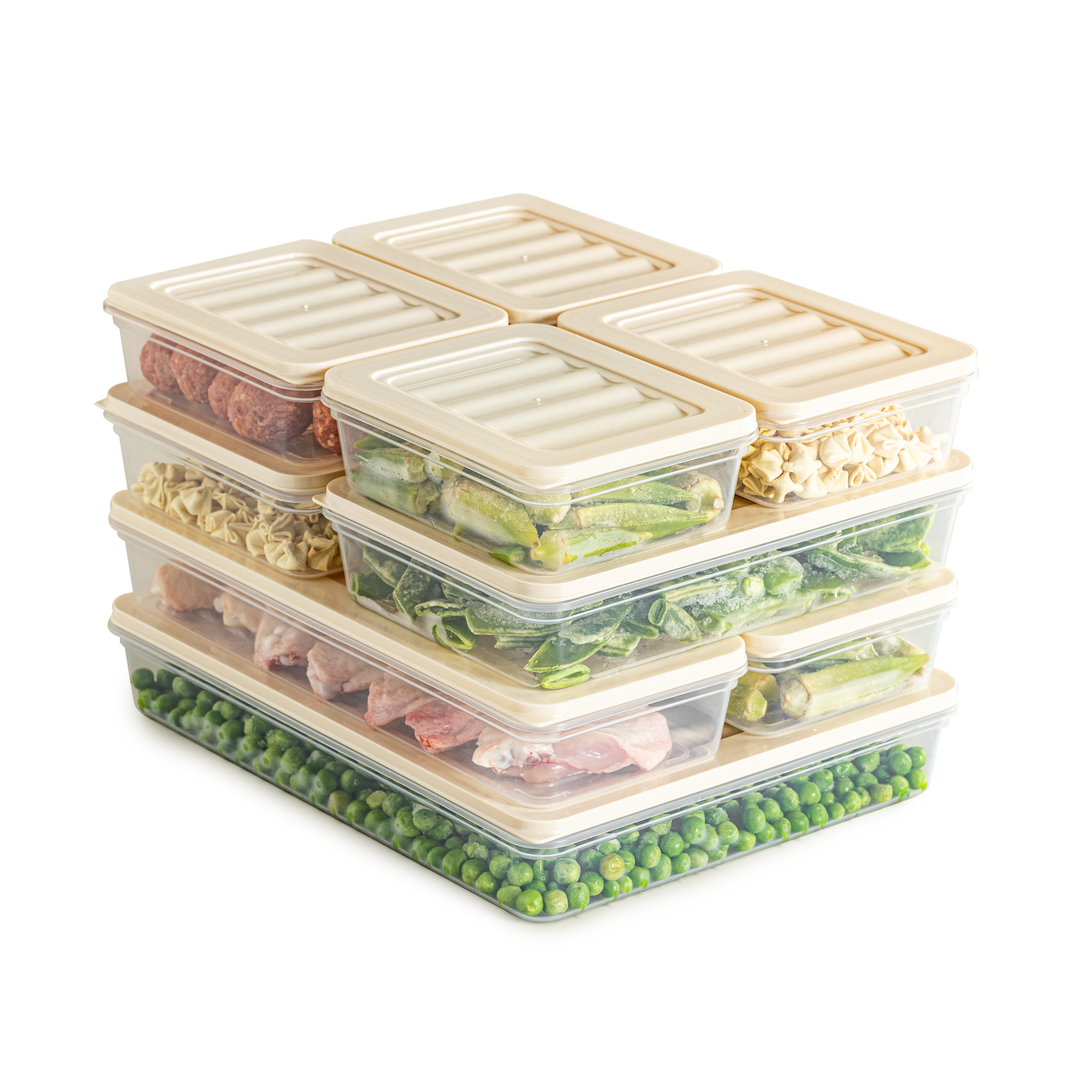 TEMU Evlinya 9-piece Beige Food Storage Container Set, Stackable Freezer Containers And Fridge Organizers With Lids In 600/1200/1170/2400 Ml, Flat