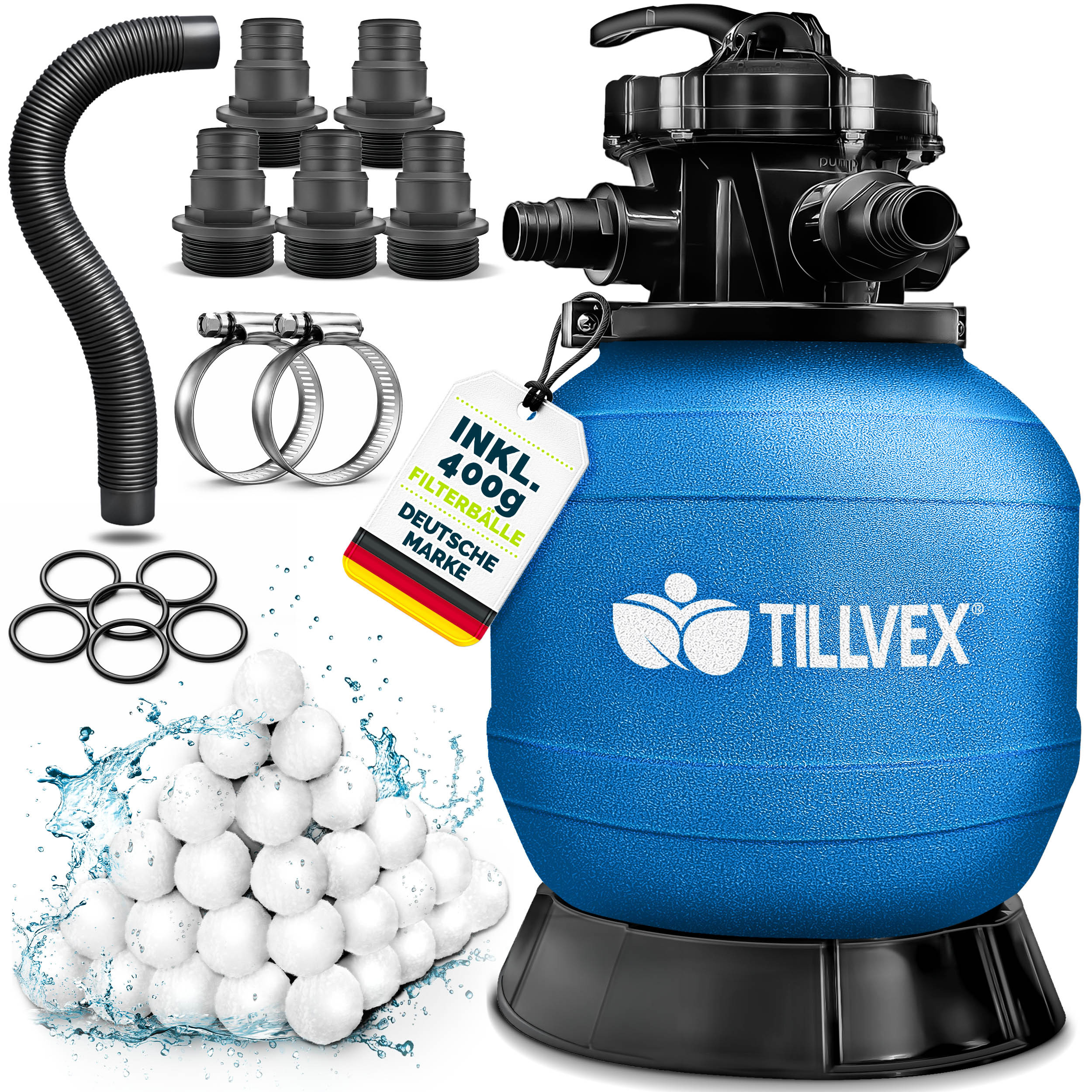 Image of Tillvex® Sand Filter Pool Without Pump + Filter Balls | Filter Basket Pool Filter . Adapter Ø32-38mm | Sand Filter Basket + 7-way Valve, Pressure Gauge & Suction Hose