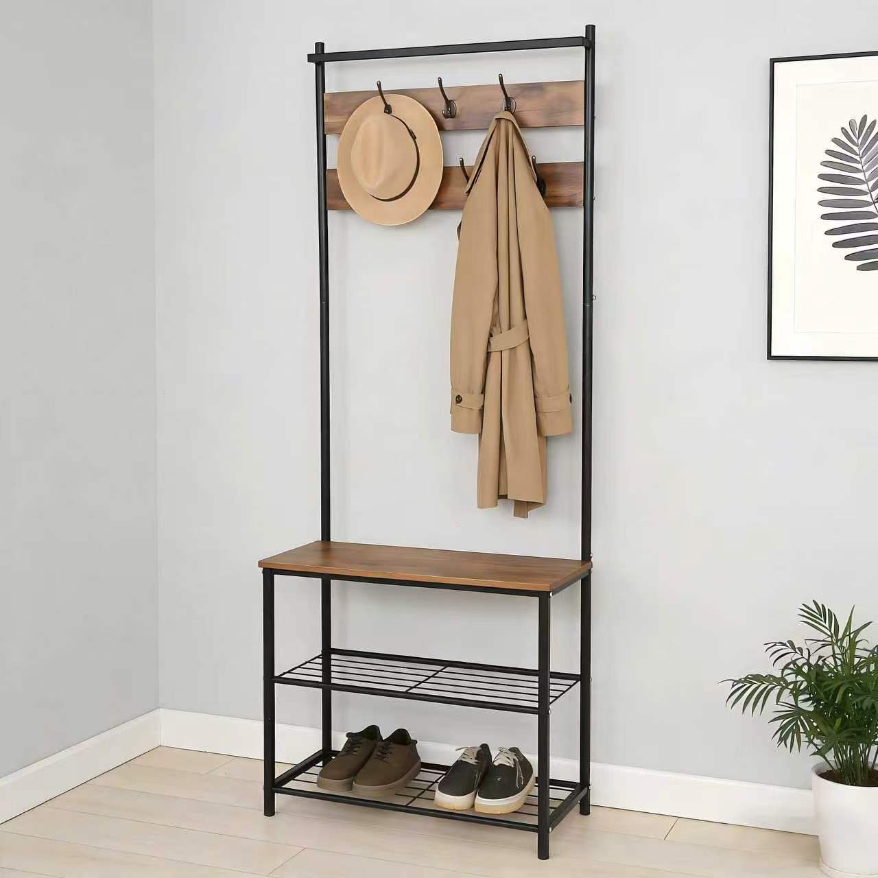 TEMU Efforias Coat Rack, Hallway Cabinet, , Clothes Rack, With Bench And Shoe Shelves, Hooks, Metal Frame, Industrial Style, Rustic Brown And Black