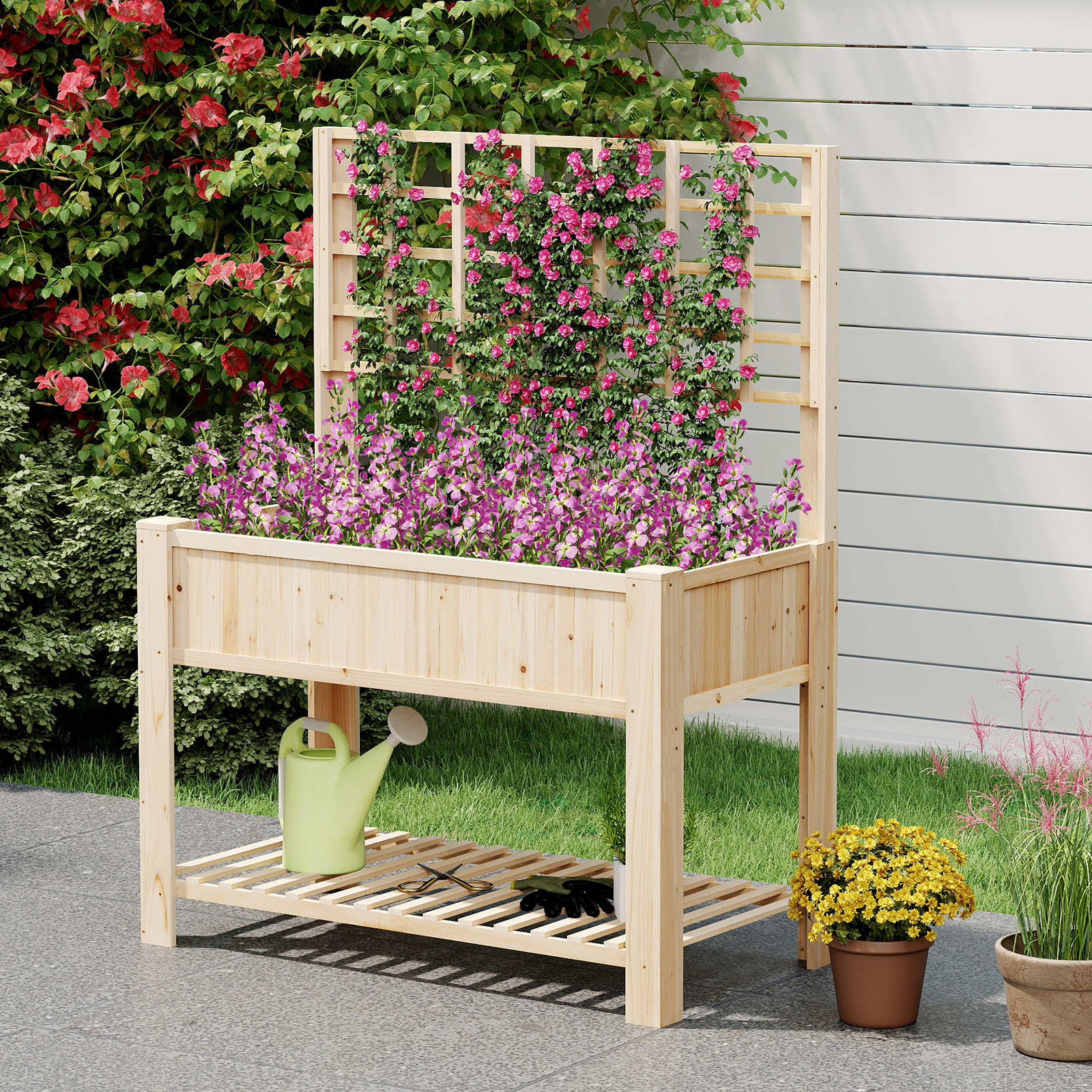 Image of Raised Garden Bed With Trellis, Wooden Elevated Planter Box With Legs, Liner, Storage Shelf & Drainage Holes For Climbing Plants Vines Vegetables Herbs, Outdoor Flower Growing Box For Patio Yard