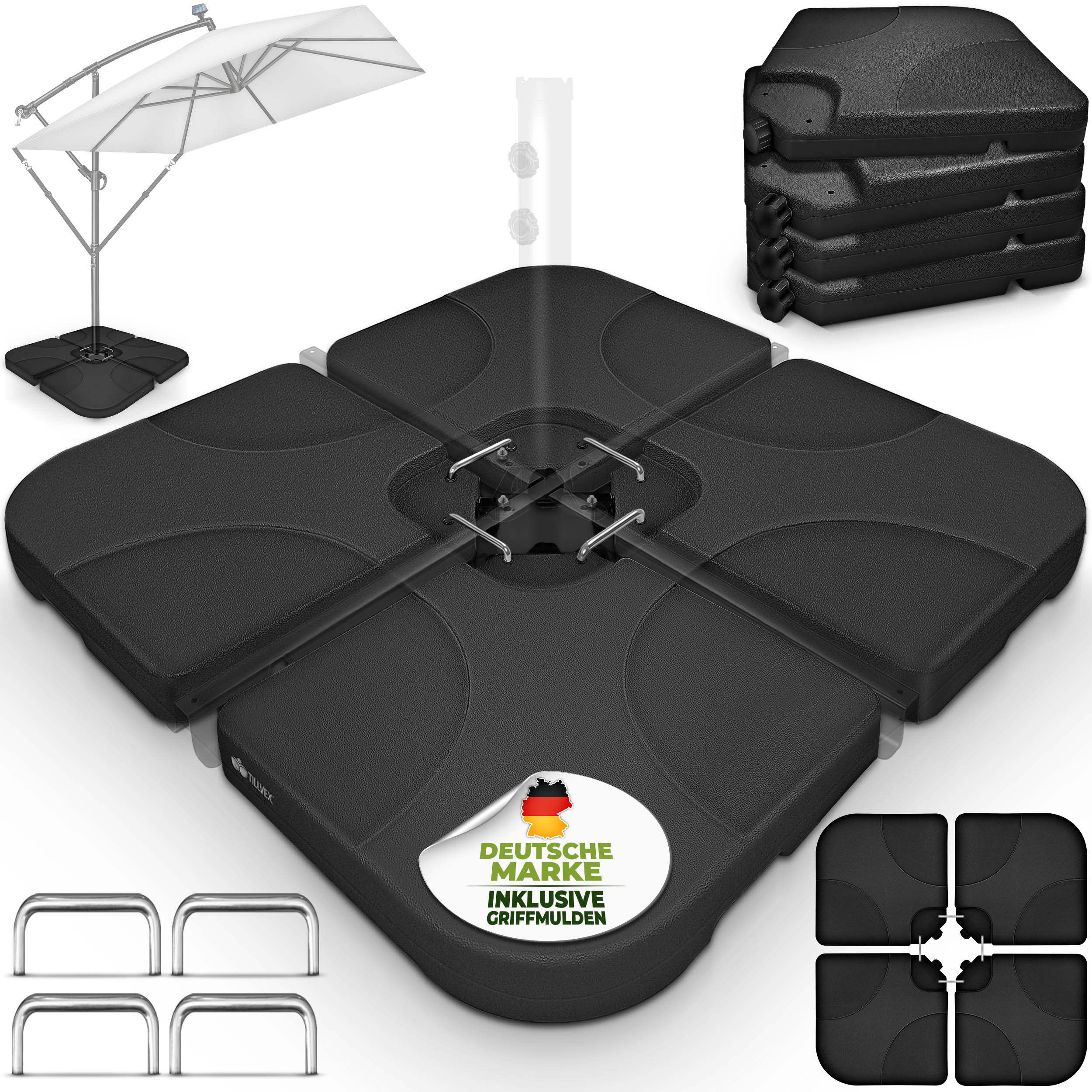 TEMU Soporte para sombrilla Tillvex® de 60 litros / 80 kg – Juego de 4 piezas para sombrilla de volante, conectores de metal | Rellenable con agua o