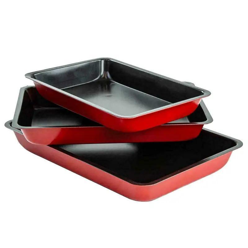 3pcs non stick baking roasting tray set heavy duty trays oven dish bake pan bakeware easy   red