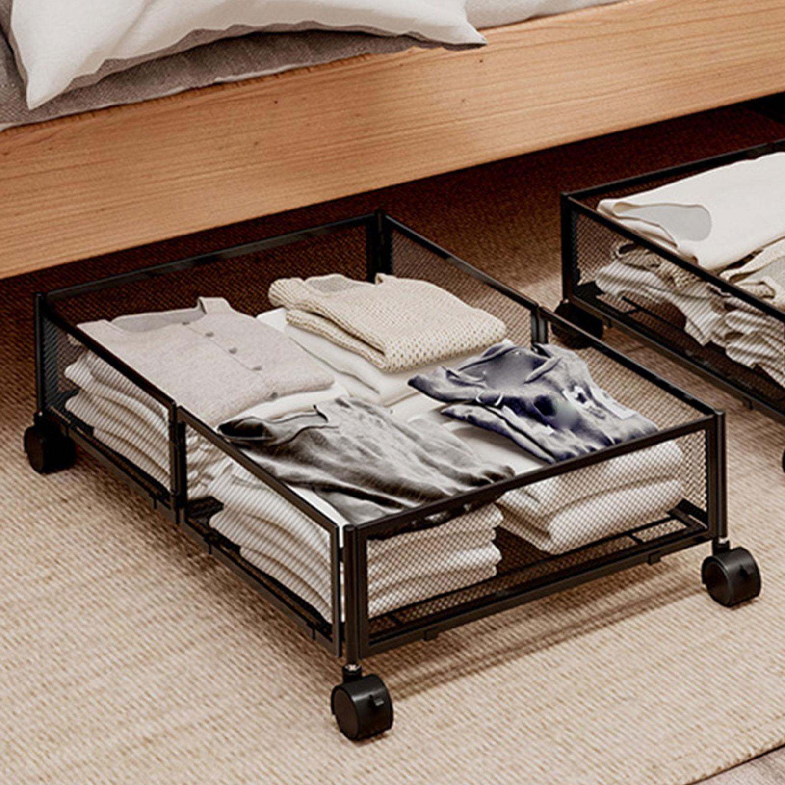 TEMU 1pc Underbed Storage Basket With Wheels Foldable Metal Organizer, Home Organization Storage Basket, Large Capacity For Clothes Shoes Book Black