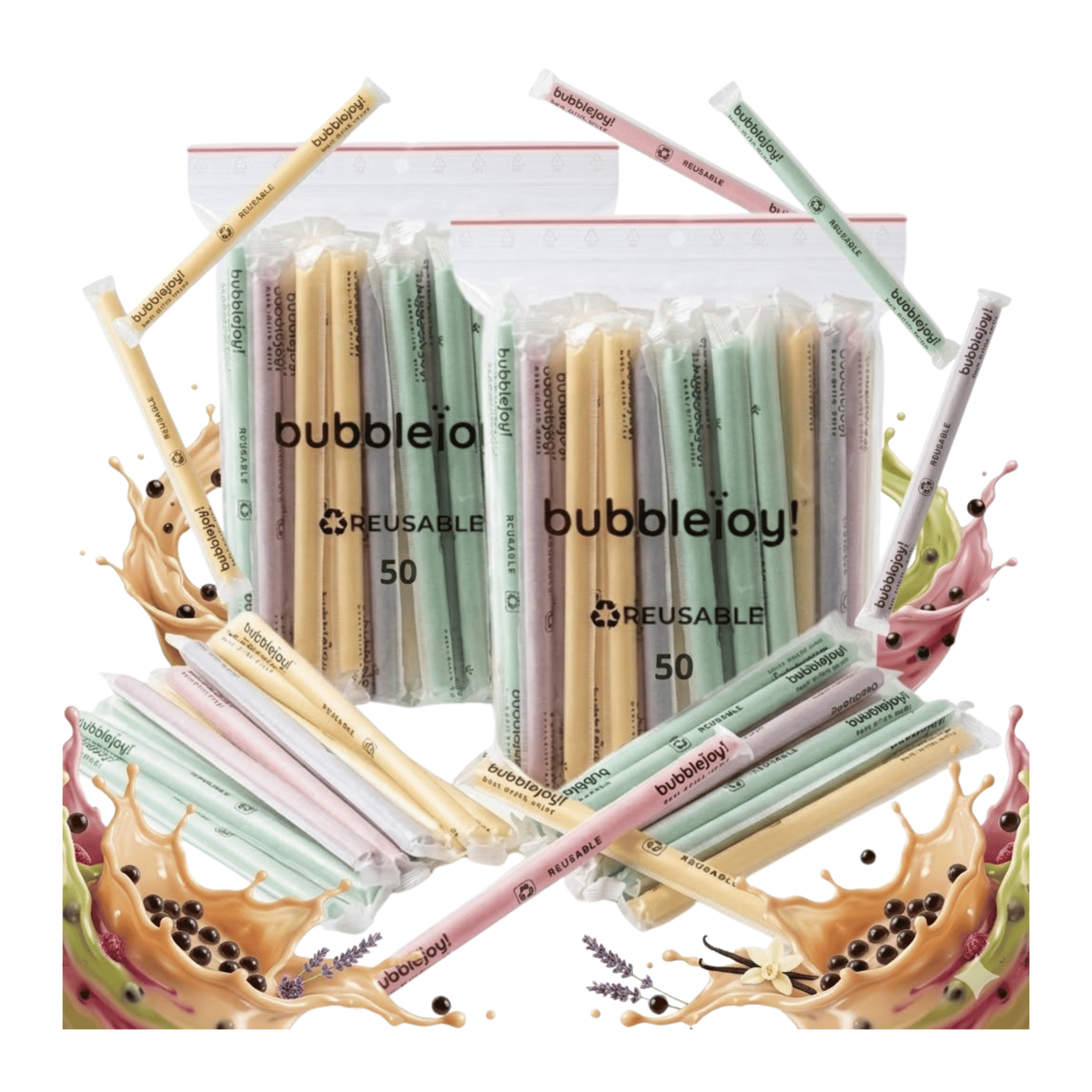 E-shop Wiederverwendbare Regenbogen-Strohhalme für Bubble Tea 100er-Set, Eco Extra Breite Boba-Strohhalme für , Smoothies und Desserts, Farbiges