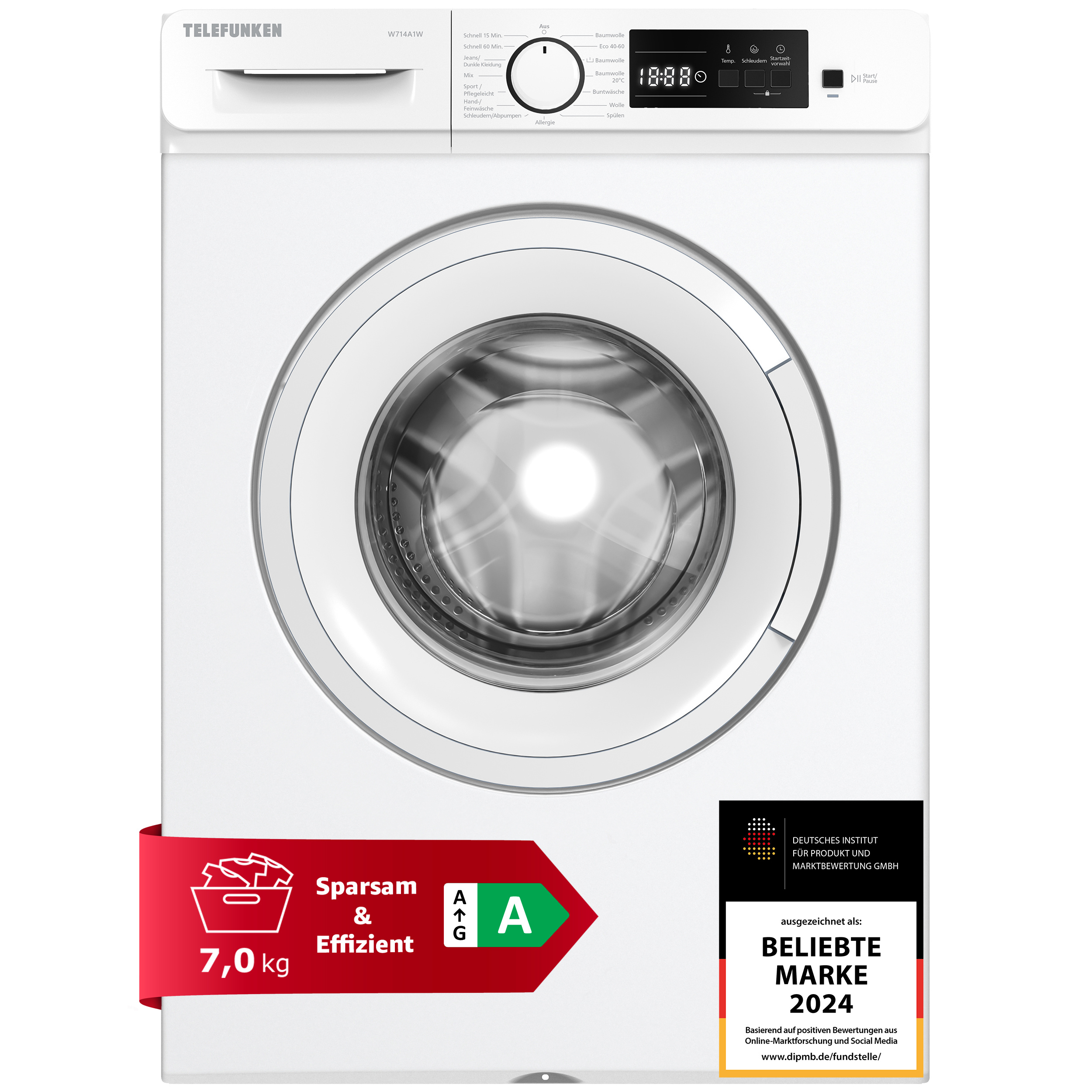 Image of Telefunken Washing Machine 7kg | Front Loader 1400 Rpm | Inverter Motor - Quiet & Efficient | Stainless Steel Gentle Drum | Start Timer | Washing Machine | 15 Programs | Eek A | W714a1w White