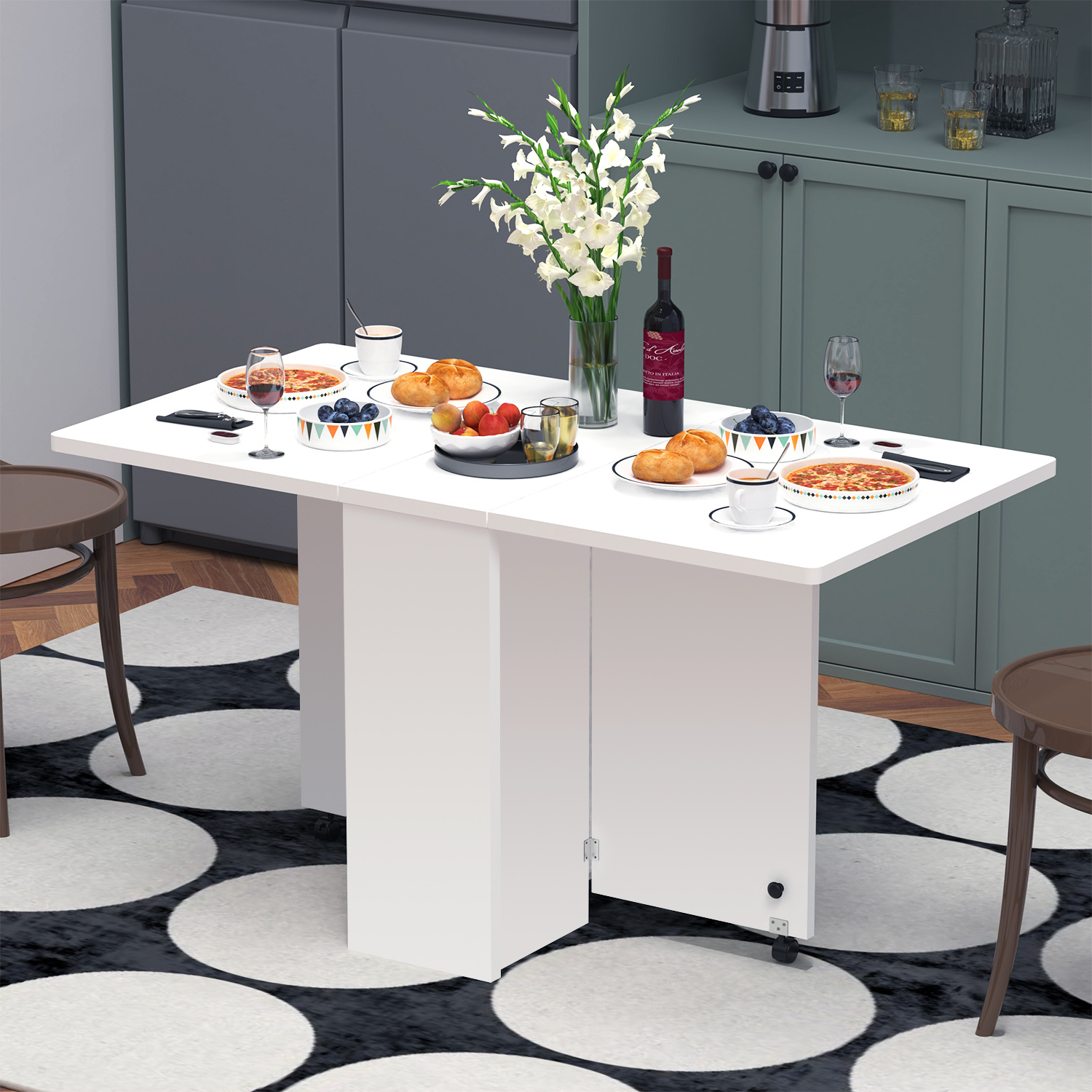 Folding Dining Table With Wheels, Collapsible, With 2 Shelves And 1 Drawer, , Versatile, Space-, Ideal For Home, Office, 140 X 75 X 74.2 Cm (white)