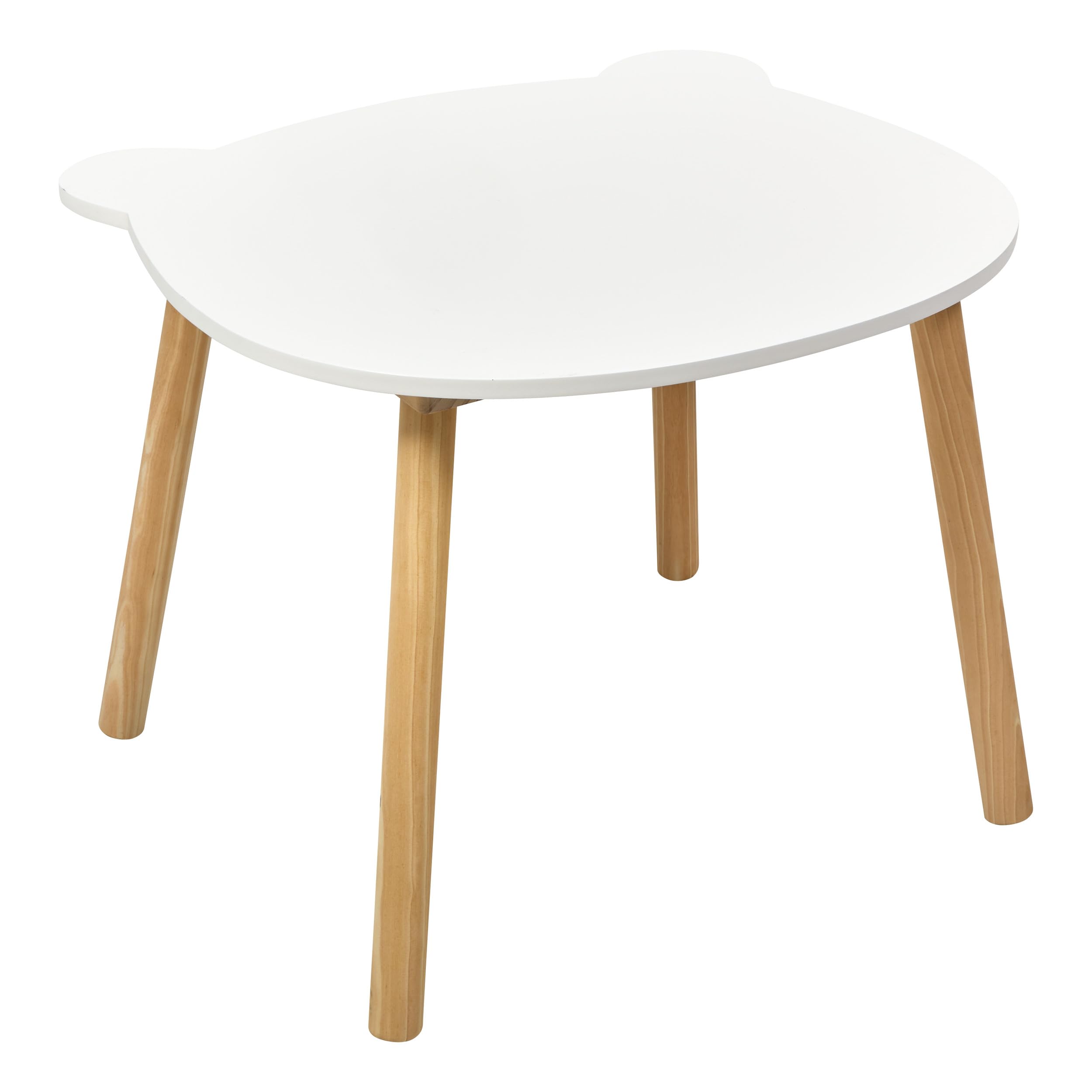 Soft White Kids' Table, Natural Wood Legs, Original Teddy Bear Shape, 60 Cm Diameter