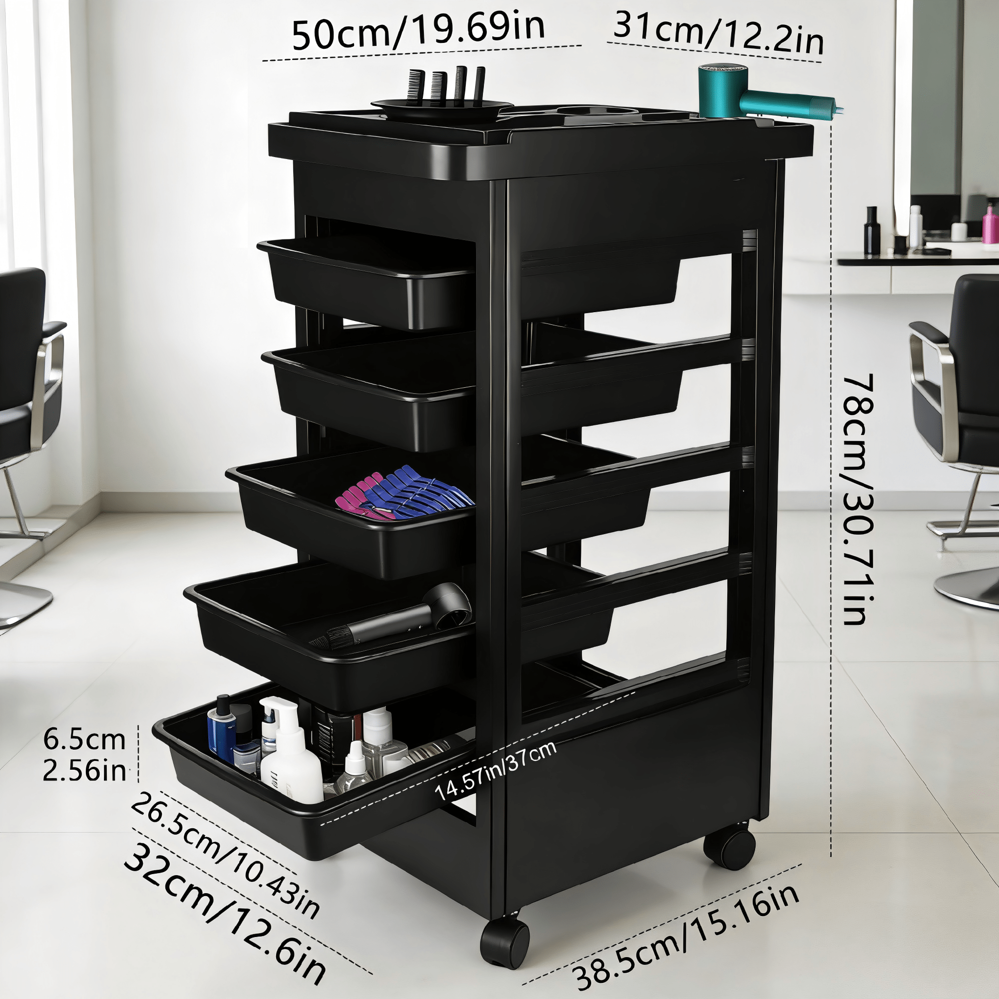 E-shop 5-Schubladen Friseurwagen mit Rollen, Professionelle Salon Aufbewahrungswagen mit Universalrädern, Multifunktionaler Kosmetikrollwagen für