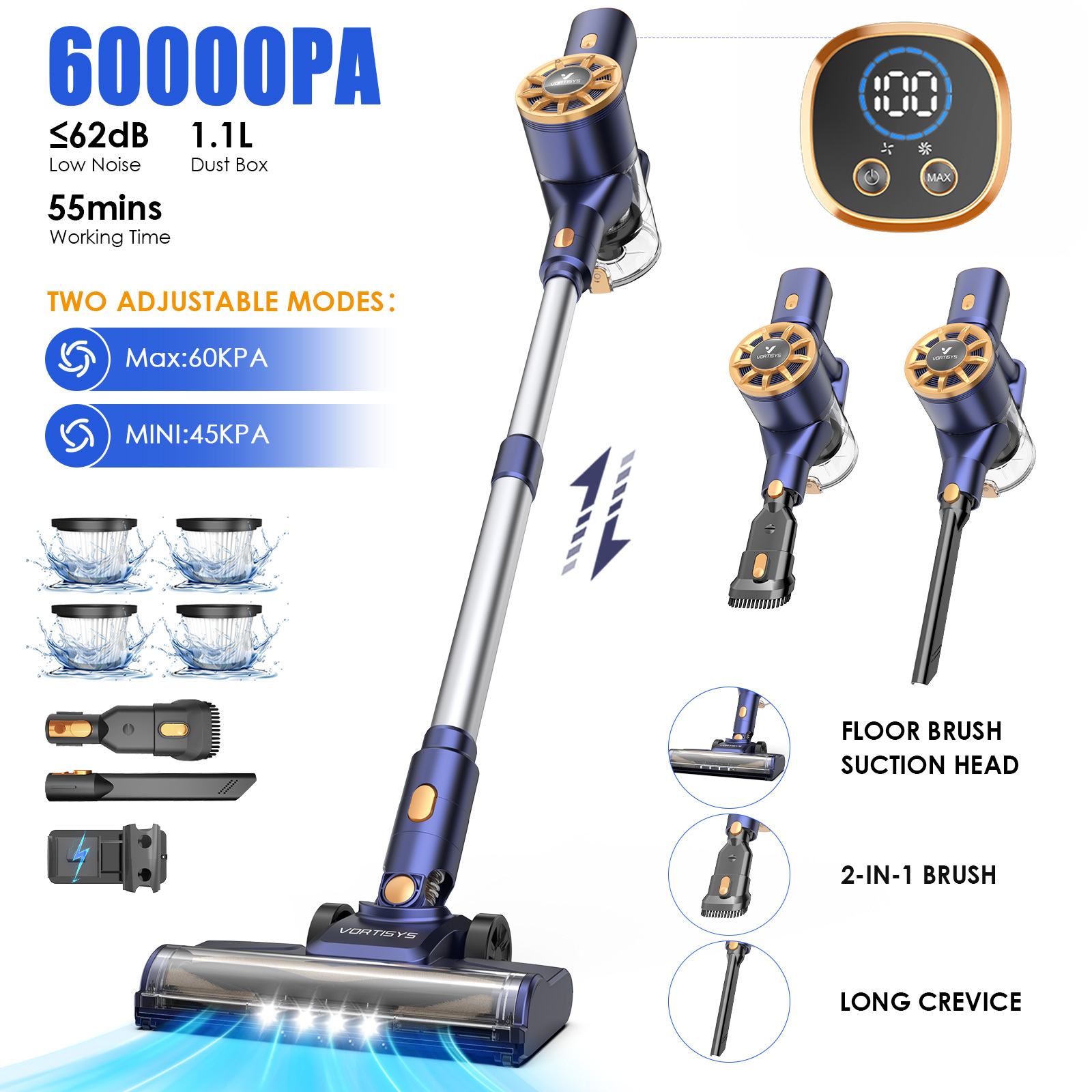 E-shop 60000PA Akku-Staubsauger , 2200mAh Akku mit bis zu 55 Minuten Laufzeit, Leichter Handstaubsauger für Holzdielen, Teppiche & Tierhaare,