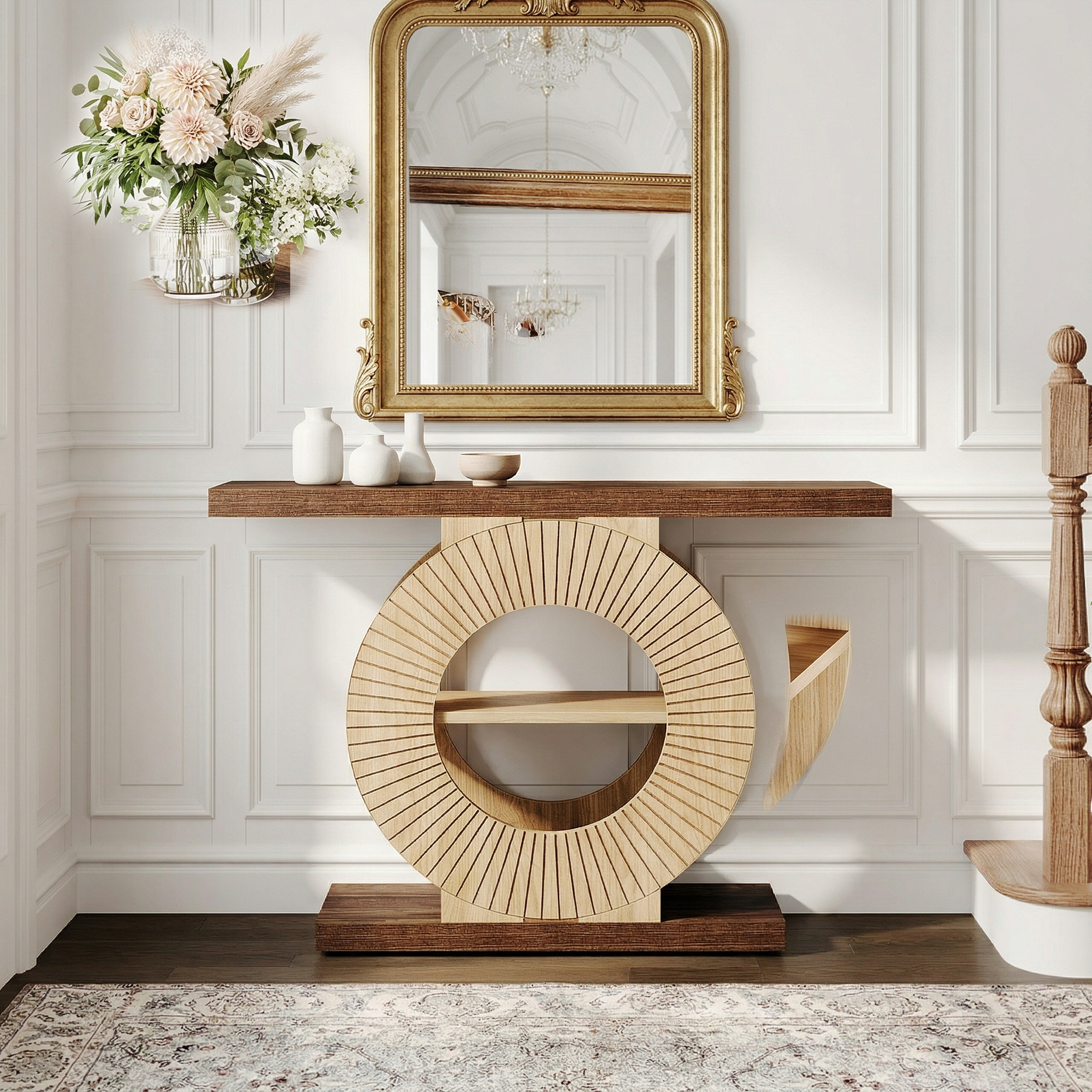 TEMU Console Table With Storage, Wooden Entrance Table For Living Room, 100 Cm Sofa Table Small Accent Hallway Table With Shelves And Circular Base
