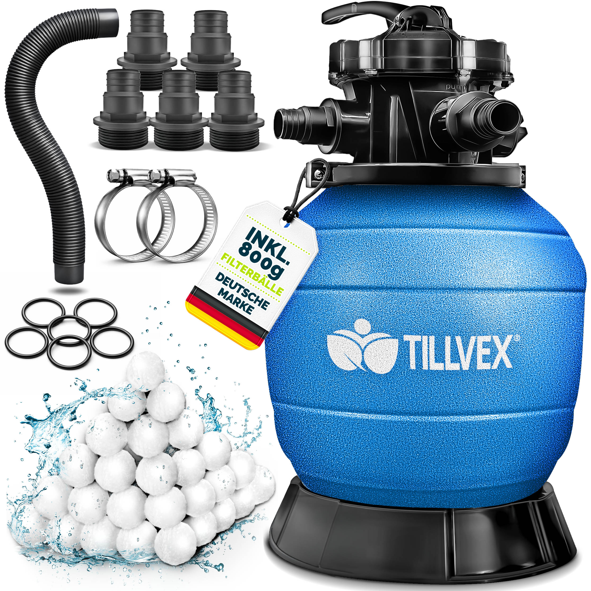 Image of Tillvex® Sand Filter Pool Without Pump + Filter Balls | Filter Basket Pool Filter . Adapter Ø32-38mm | Sand Filter Basket + 7-way Valve, Pressure Gauge & Suction Hose