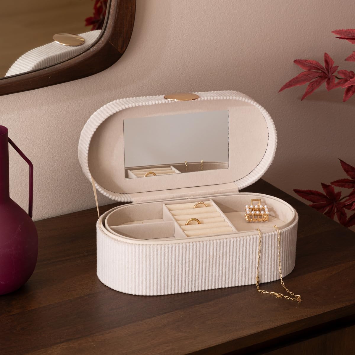 Oval Velvet Jewelry Box with Mirror – Compartmentalized Storage Case