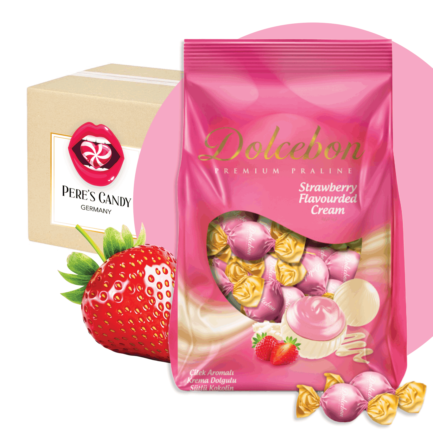 Image of Dolcebon Praline Strawberry 1kg - Pralines With Strawberry Cream Filling And Milk Chocolate Coating