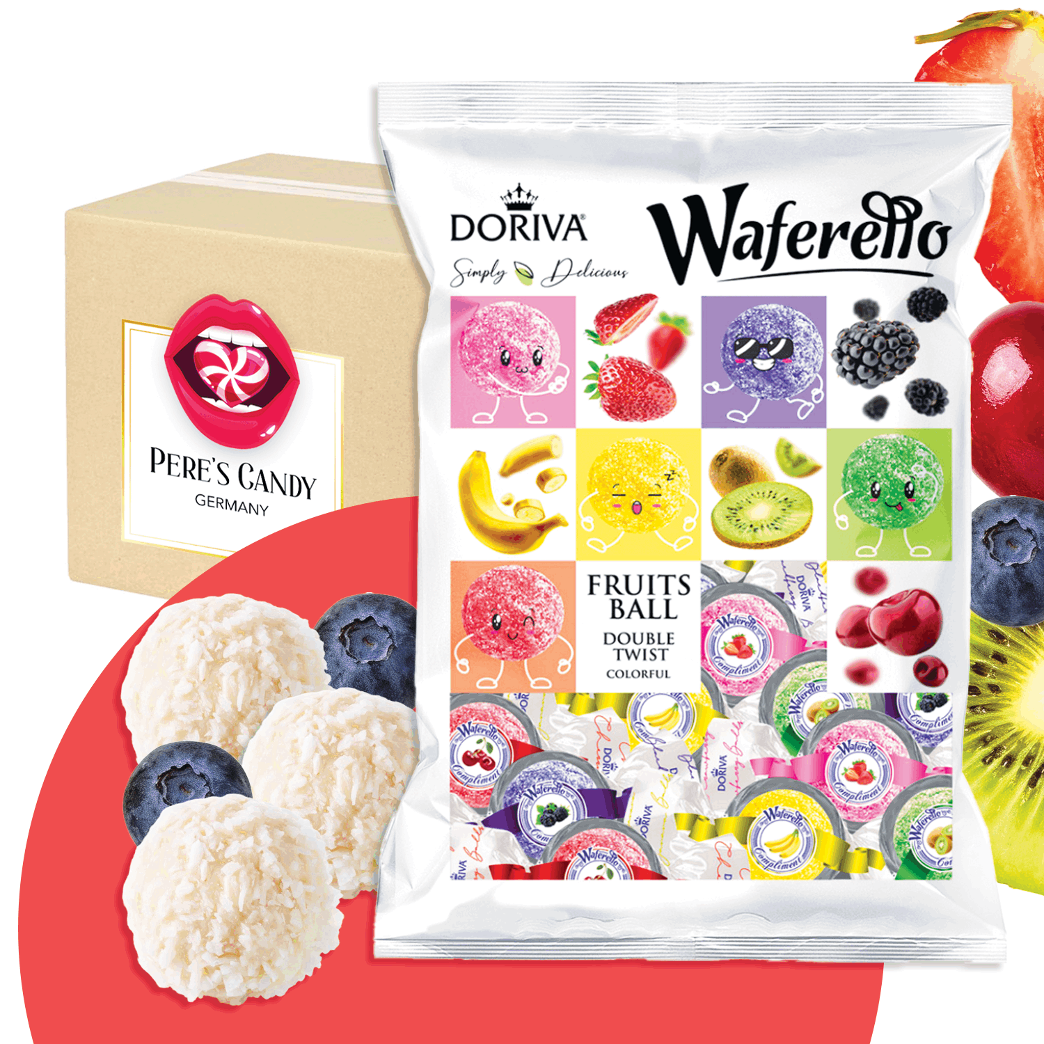 Image of Waferello Fruit Mix Waffle Balls 500g - Coconut-coated Waffle Balls With Creamy Fruit Filling