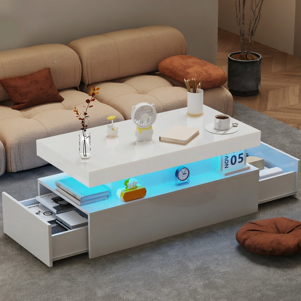 White High-gloss Coffee Table, Modern Living Room Table With Led Lighting, White Side Table With Open Display Shelf And 2 Pull-out Drawers 95x48x42 Cm (white)