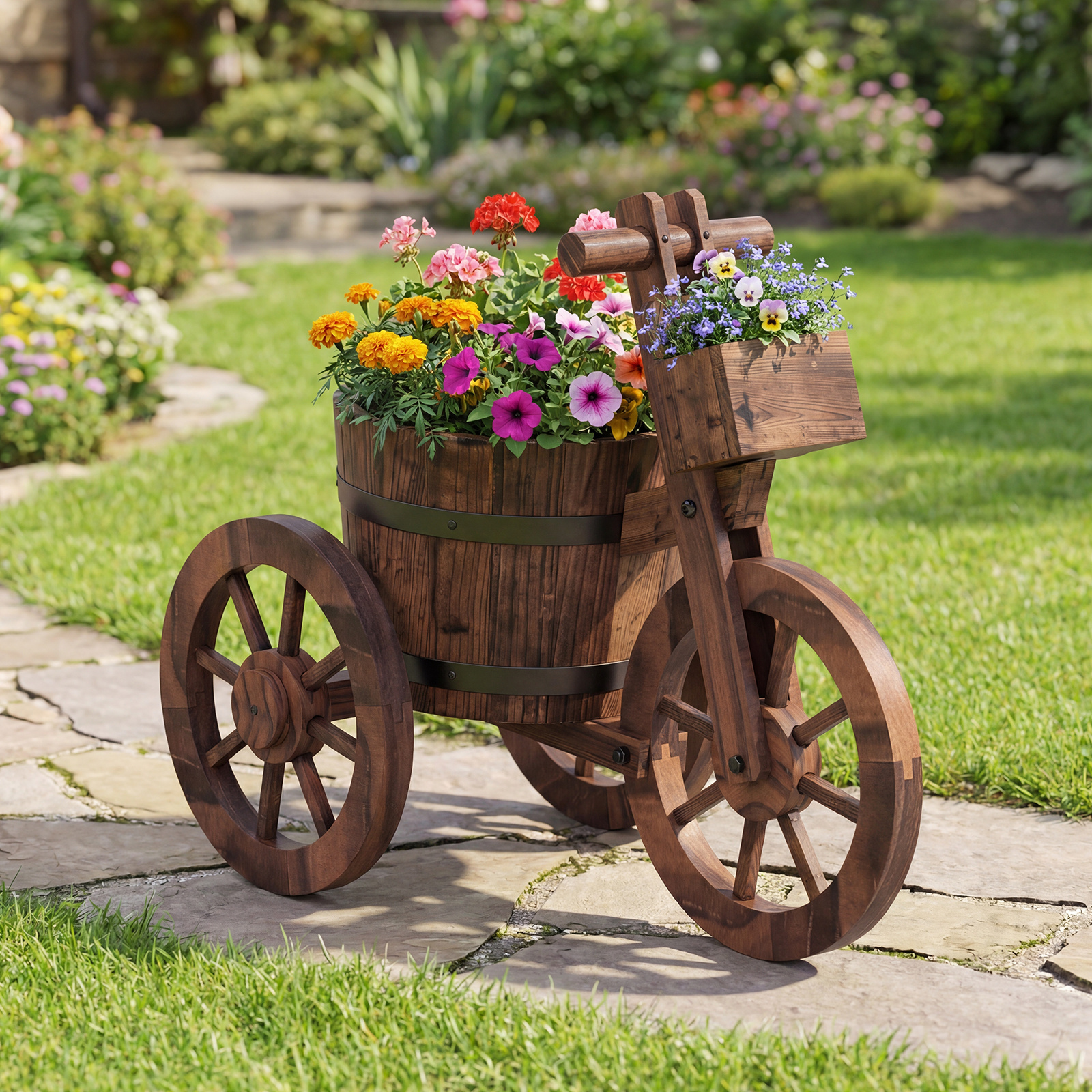 Image of Rustic Wood Tricycle Planter, Flower Pot Cart With Drainage Hole & Storage Box For Growing Vegetables Herbs, Indoor Outdoor 3 Wheels For Patio Balcony Garden Decoration