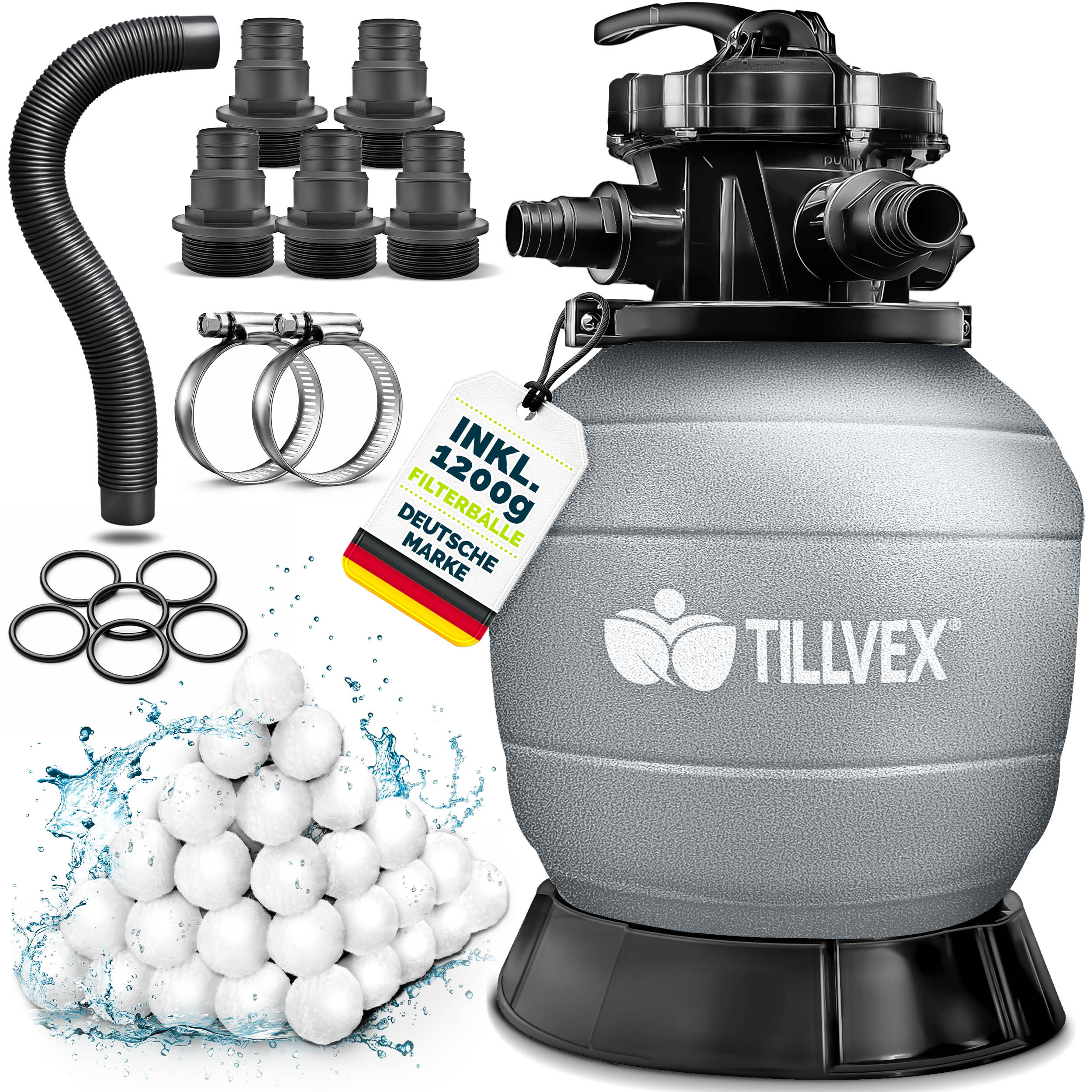 Tillvex® Sand Filter Pool Without Pump + Filter Balls | Filter Basket Pool Filter . Adapter Ø32-38mm | Sand Filter Basket + 7-way Valve, Pressure Gauge & Suction Hose