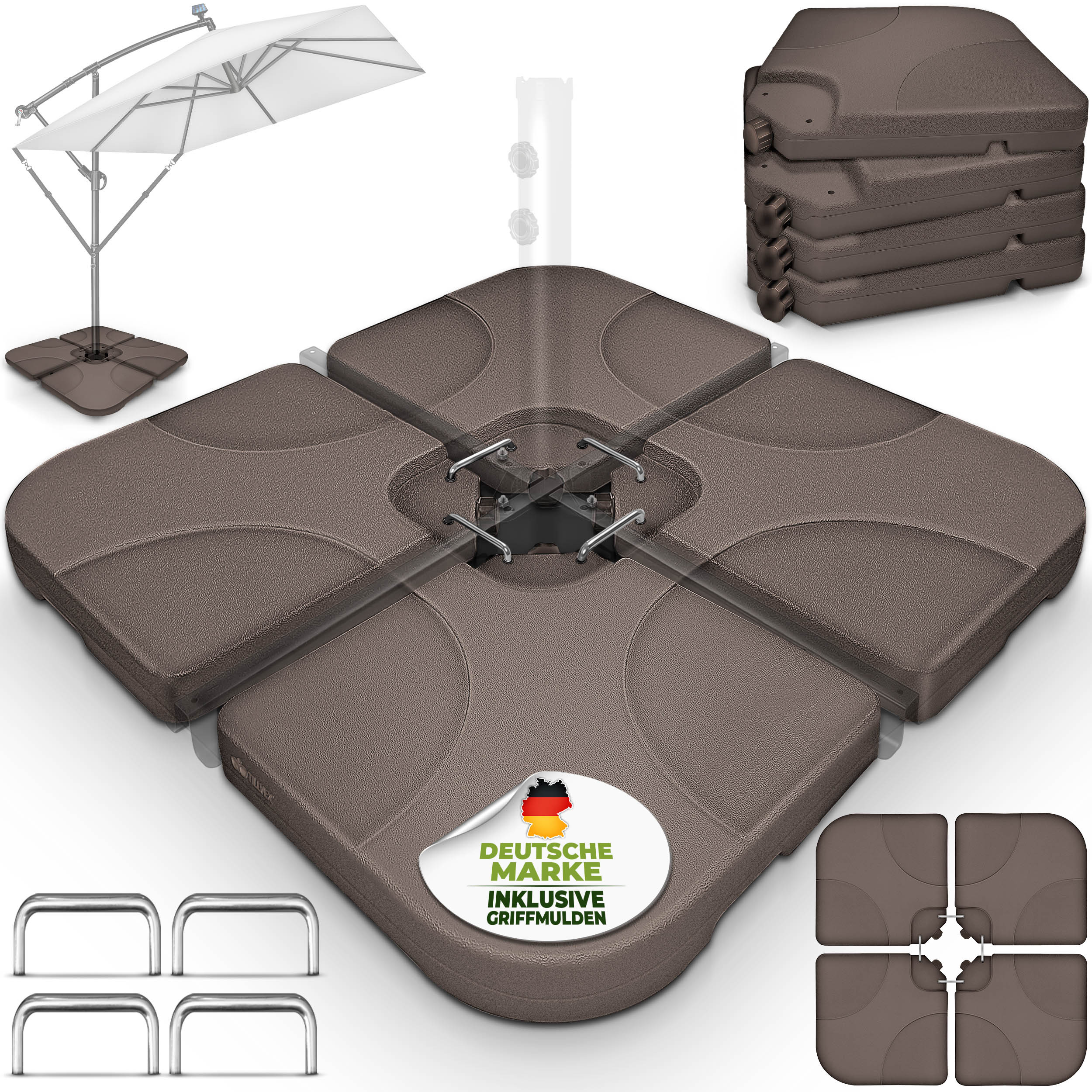 TEMU Tillvex® Support de Parasol Solaire 60 Litres / 80 kg – Ensemble de 4 Pièces pour Parasol Cantilever avec Connecteur Métallique | Remplissable à