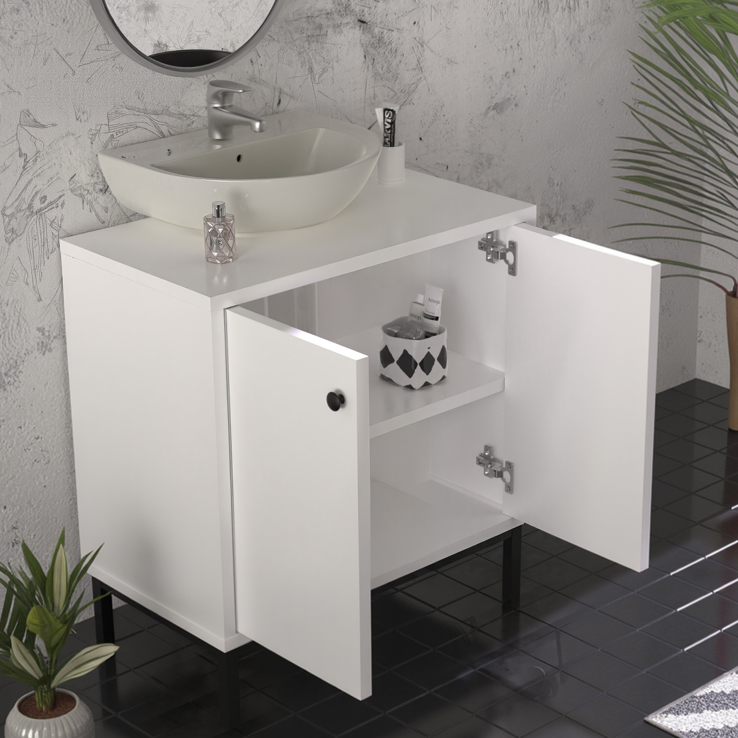 E-shop Weißer Waschbeckenunterschrank, Badezimmerschrank mit 2 großen Schubladen, Badschrank, 2 FÄcher hinter der TÜr, Badezimmer-Unterschrank mit