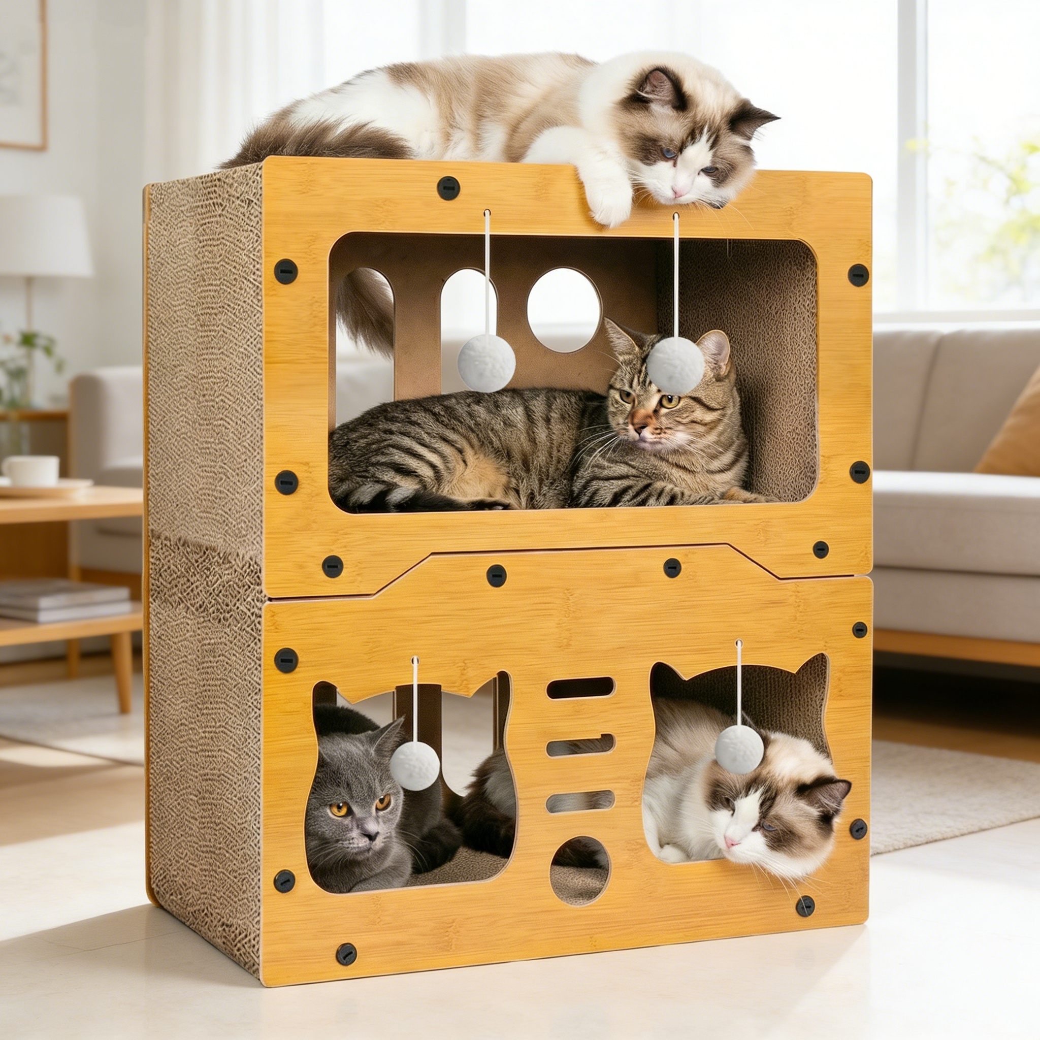 TEMU Dual-level Cat House With Scratching Posts,multi-level Cat Condo With Entry/exit Doors,cat Scratching Board,cat Toys Posts,space-saving Indoor