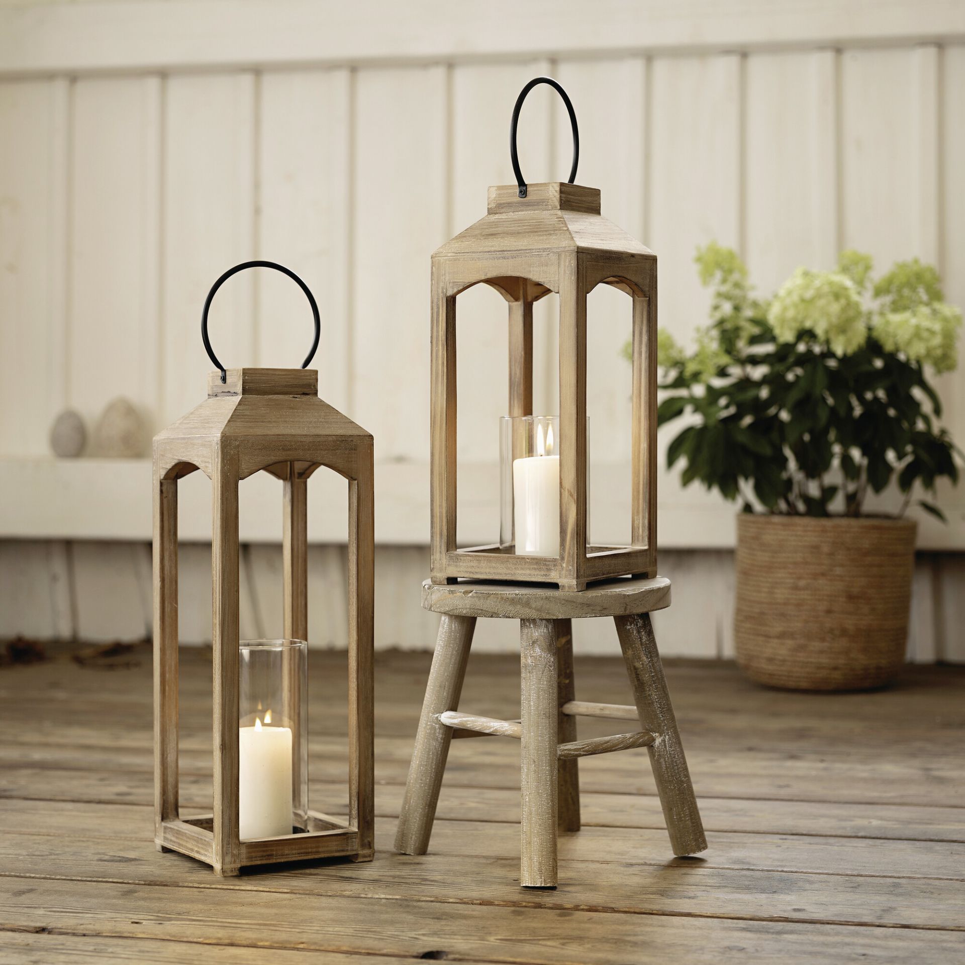2x Wooden "wood" Lanterns, 38 + 48 Cm High, Floor Lantern, Candle Lantern, Wooden Lantern