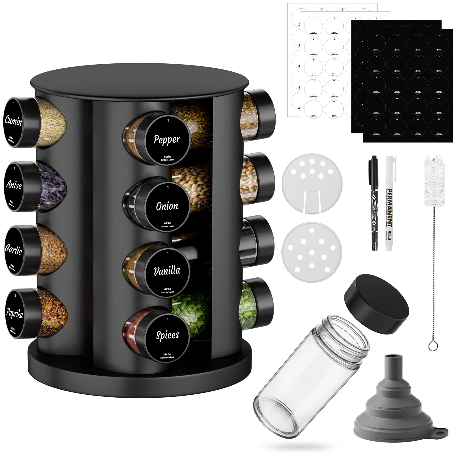 Spice Rack With 16 Spice Jars, Consisting Of A 360° Rotatable Spice Rack, A Spice Storage Stand, A Stand For Spice Jars, Spice Jars With A Pouring Spout, A Funnel, Labels, And A Felt-tip Pen.