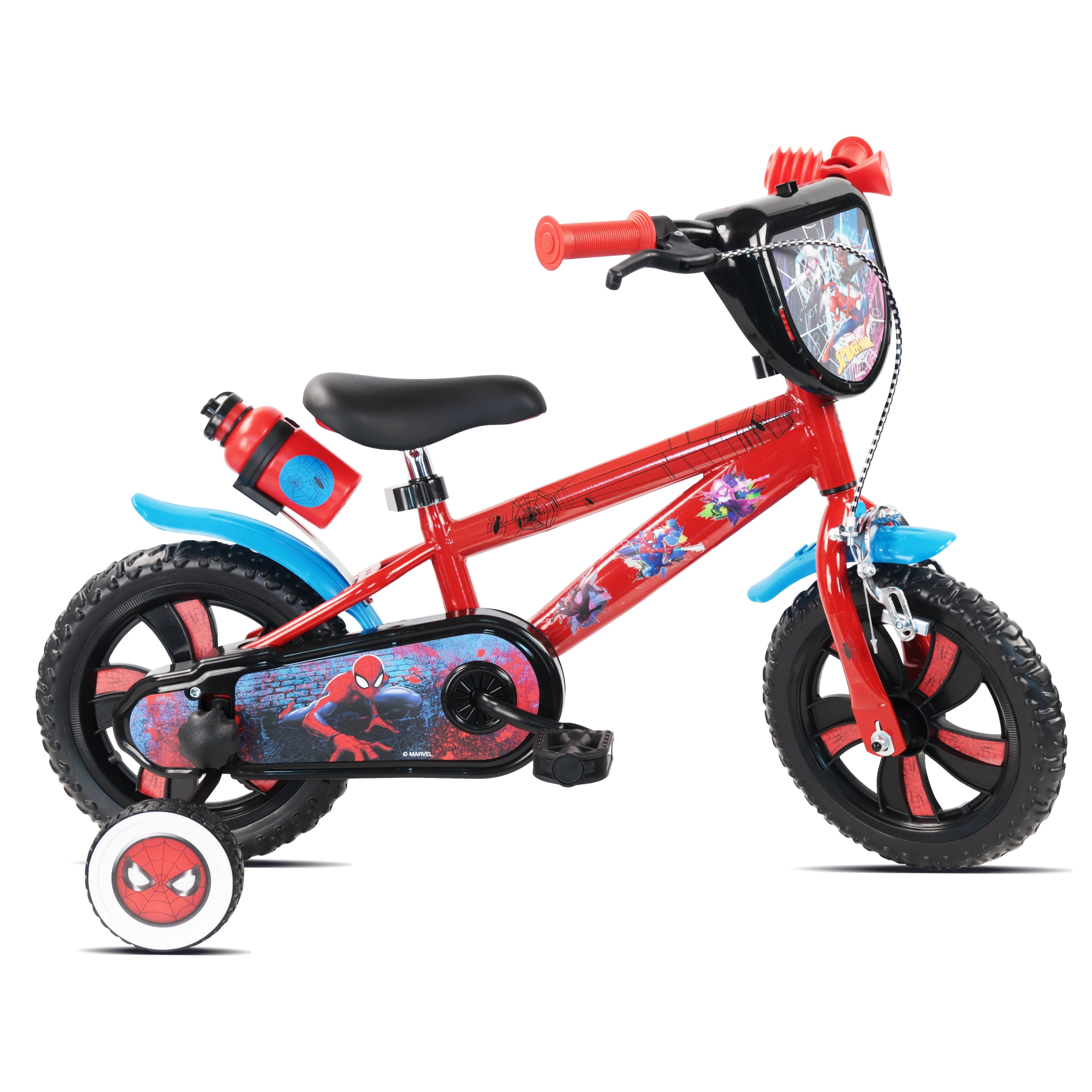 TEMU Bicicleta Spiderman de 12'' - Bicicleta para niños de < 90 cm - Equipada con 1 freno - 2 ruedas de entrenamiento extraíbles - Placa frontal