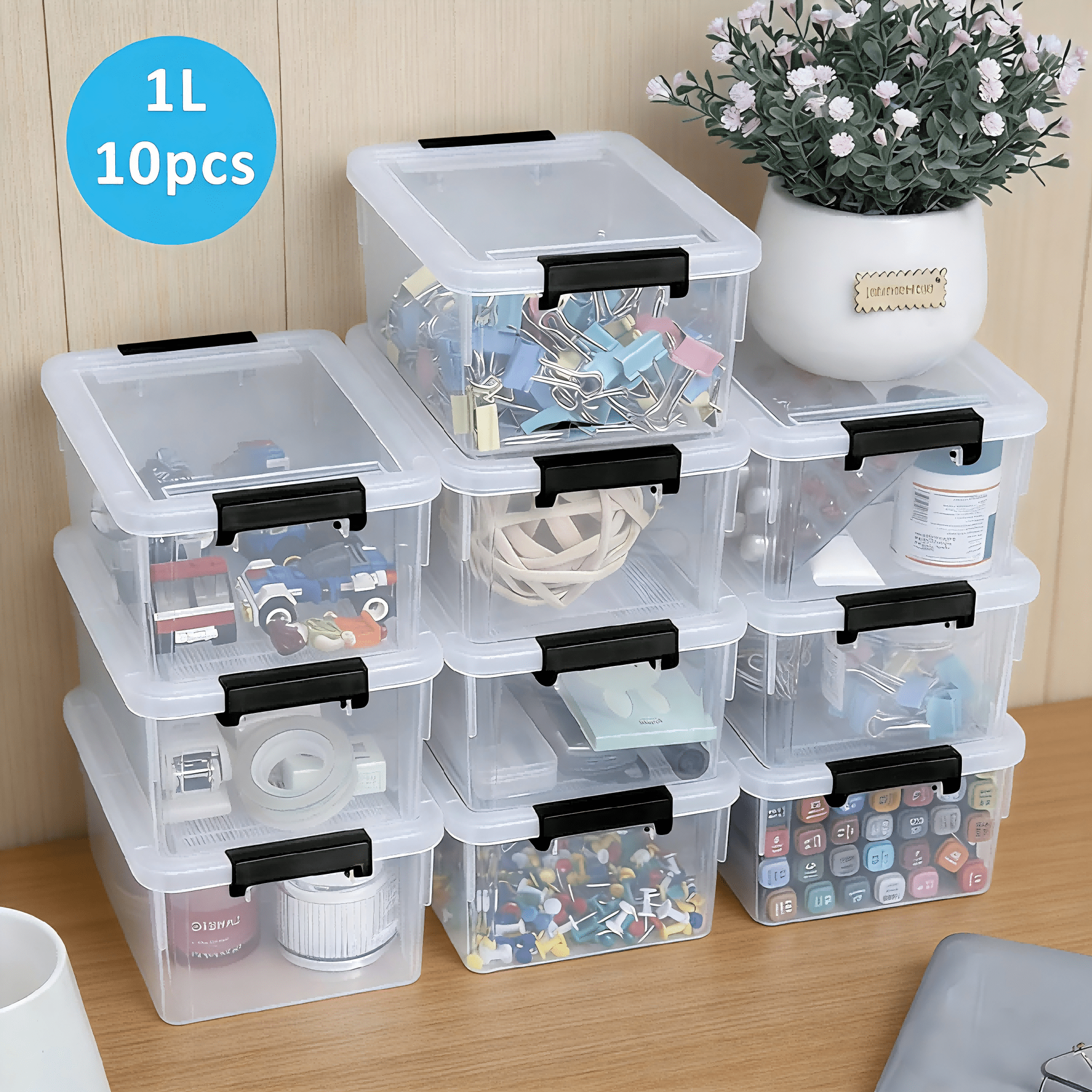 E-shop 10 Stück Klare Aufbewahrungsboxen 1L, Stapelbare Aufbewahrungsboxen mit Deckel und Verschluss, Kleine Aufbewahrungsdosen für Schreibtisch,