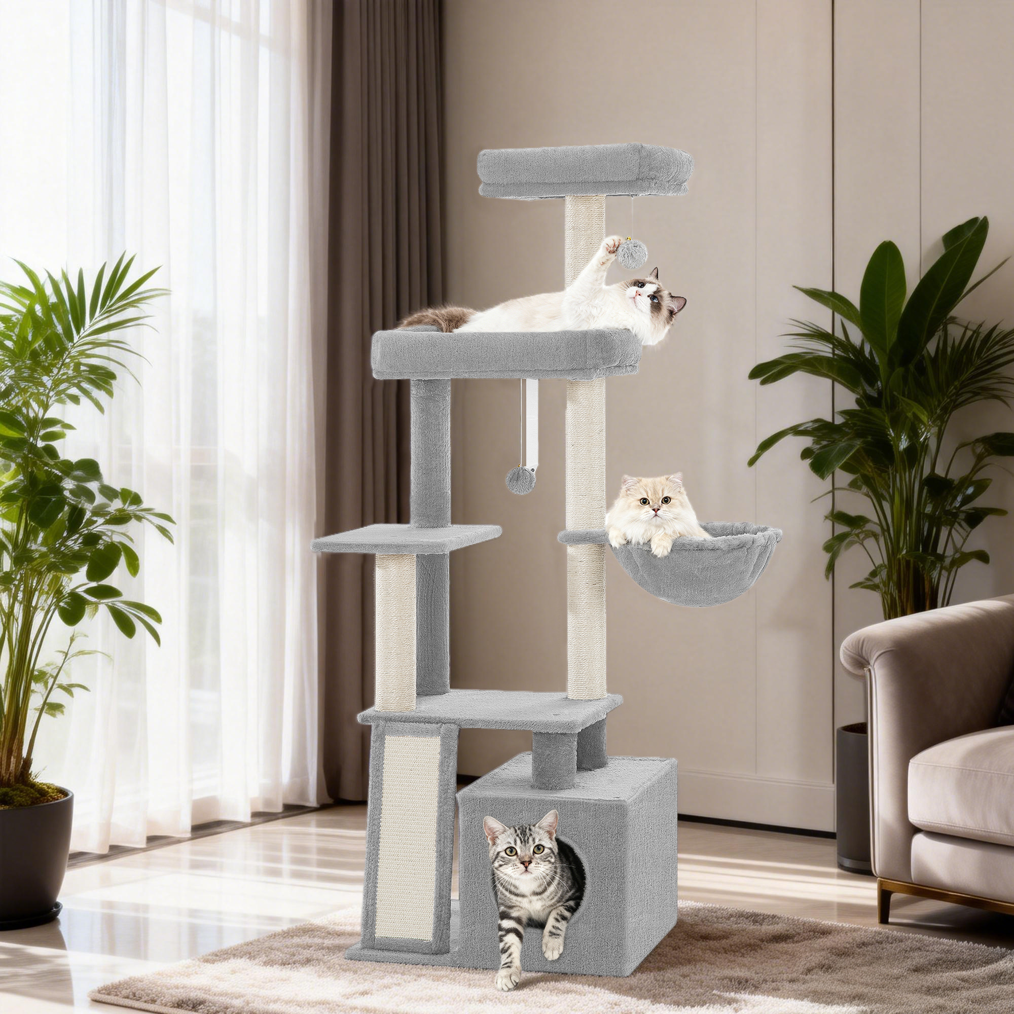 Image of Cat Tree, 144 Cm, Multi-level Cat Tower With Scratching Board, 4 Sisal Posts, Cozy Cat House, 2 Platforms, Hammock, Pom-poms, Resting , Light Grey/dark Grey
