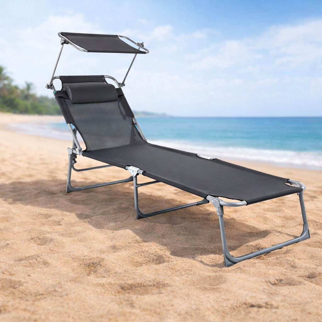 Image of Foldable Sun Lounger Pillow & Canopy, 150 Kg Weight Capacity, Extra Tall, Dark Grey, Outdoor Garden Lounger With Roof For Outdoor Use, Suitable For Garden, Balcony, Terrace, Swimming Pool, And Beach