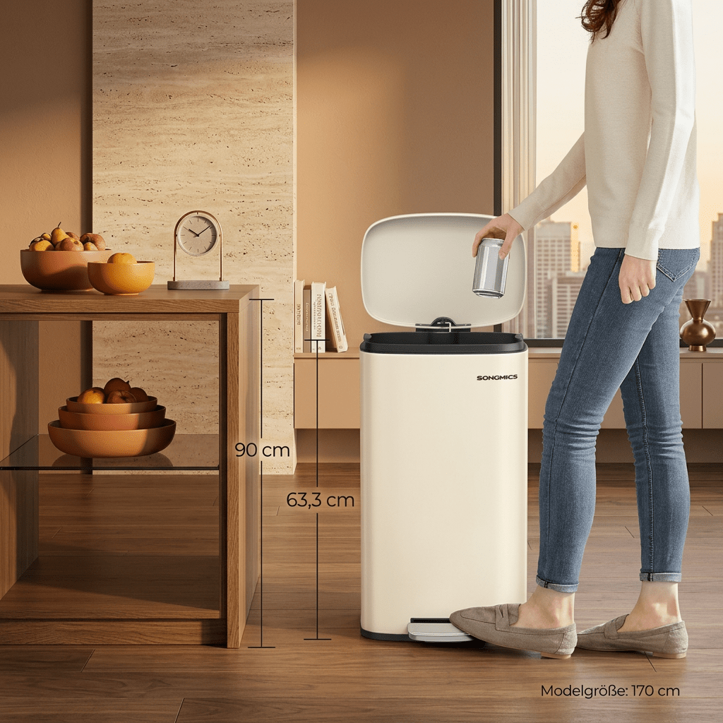 E-shop Mülleimer Küche, 30 Liter, Abfalleimer, Tretmülleimer, Küchenmülleimer mit Softclose-Deckel und Inneneimer, Treteimer, 34.8 x 29.7 .3 cmStahl
