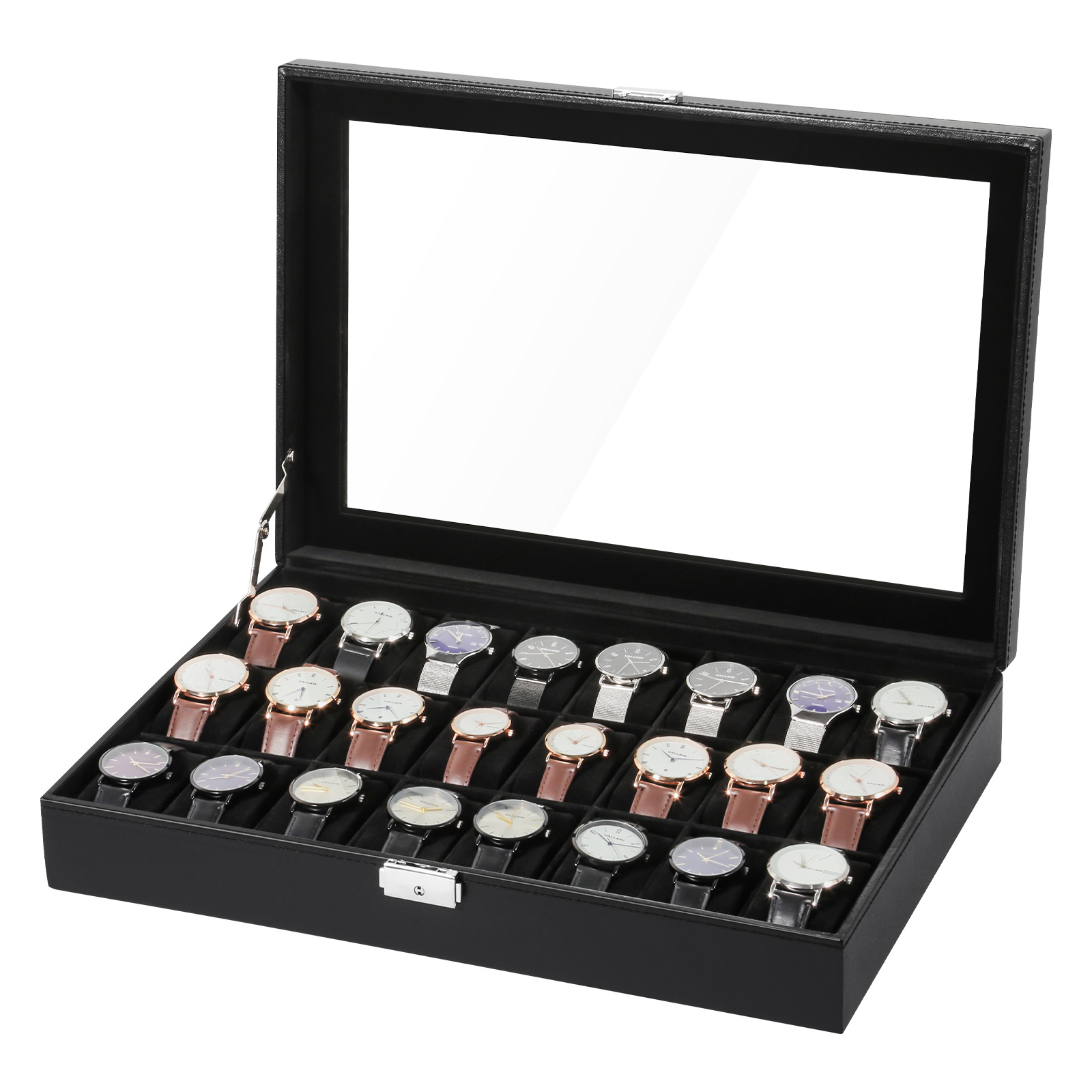 E-shop 24-fach Uhrenbox, Verschließbare Uhrengestell, Aufbewahrung für Uhren mit 24 Fächern, Glasdeckel,staubdichte oxidationsgeschützte Uhrenbox mit