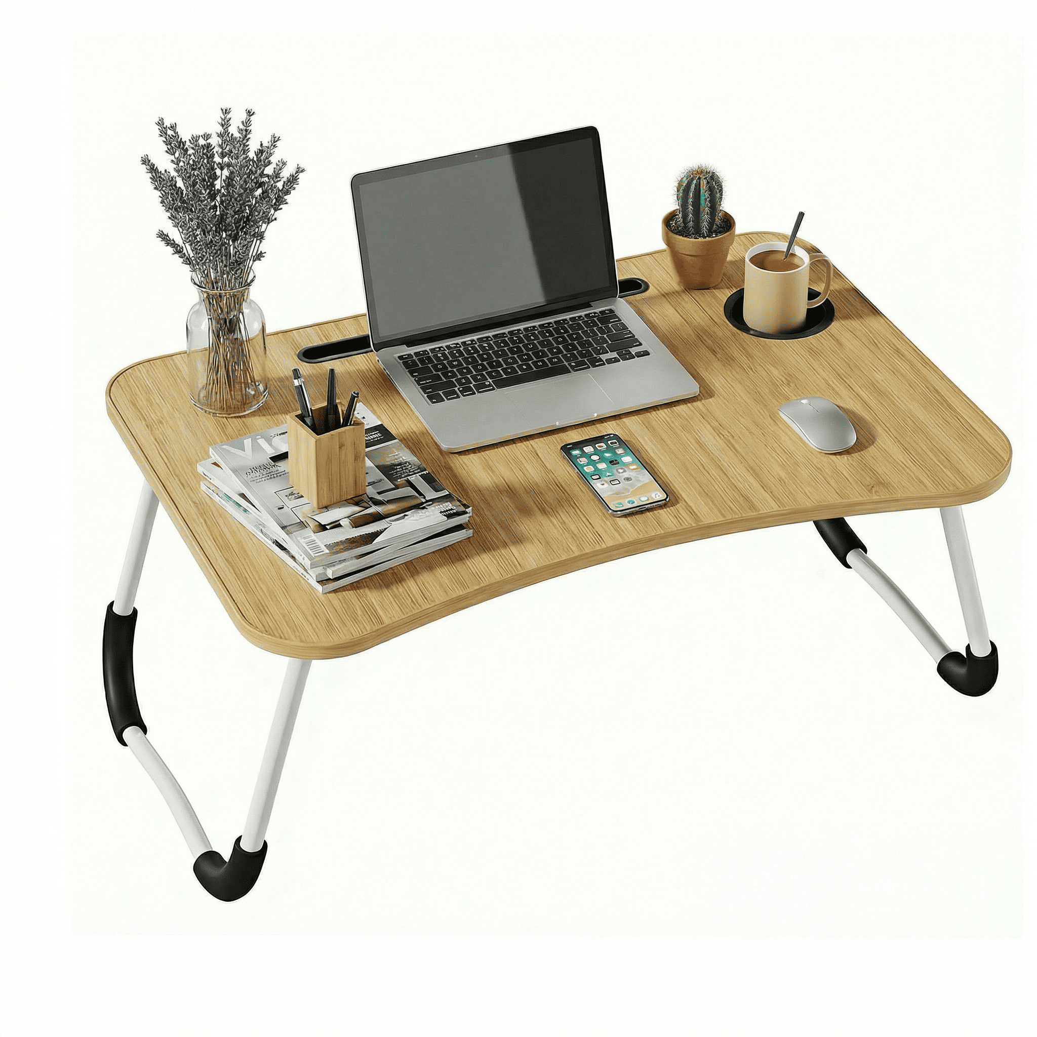 Image of Foldable Bed And Sofa Table With Cup Holder, Multifunctional Side Table With Reading Stand For Bed, Versatile Tray For Laptop, Books, Work, And (50x30x22cm)